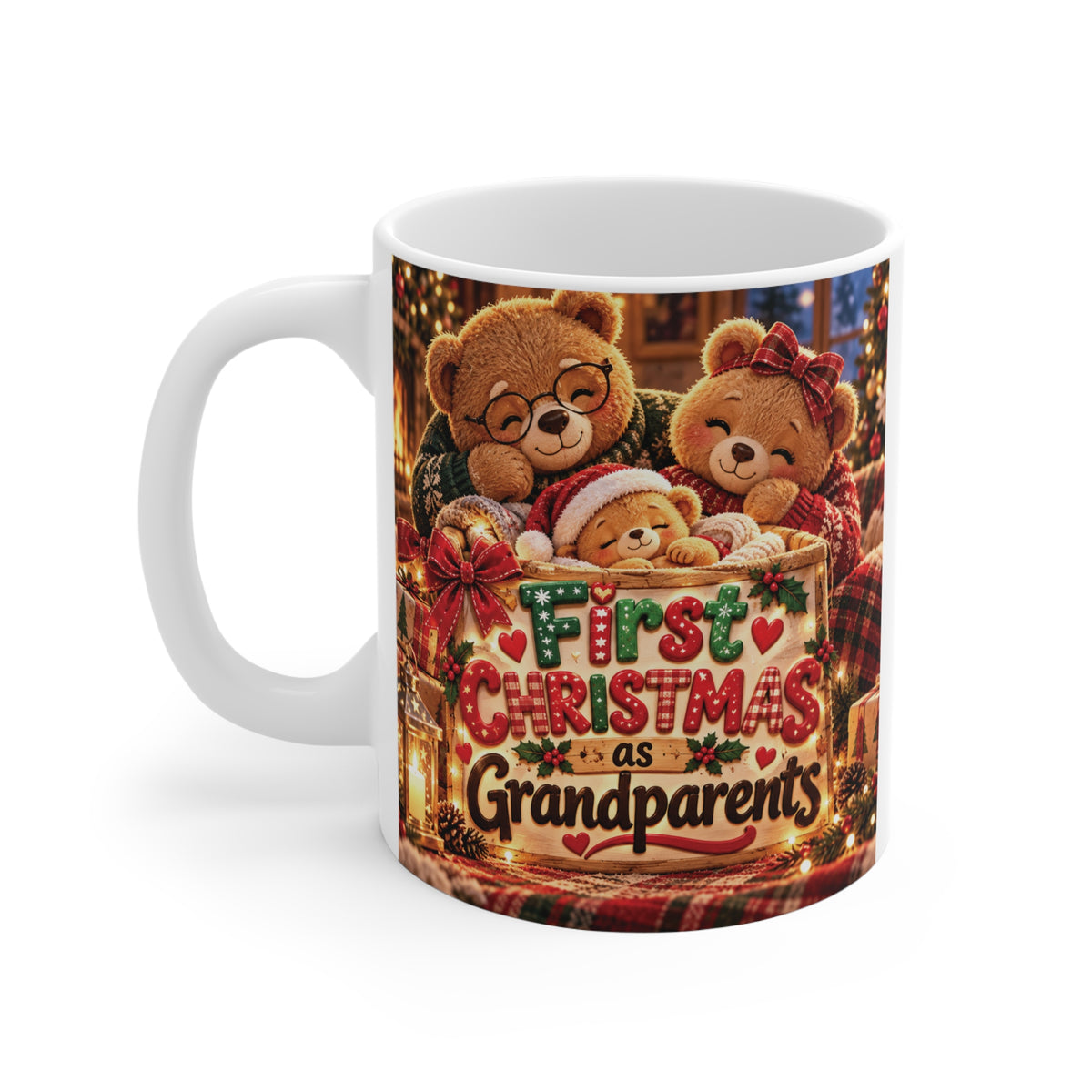 White 11oz Christmas mug with festive teddy bear family artwork and First Christmas as Grandparents text, a thoughtful holiday gift for first-time grandparents.