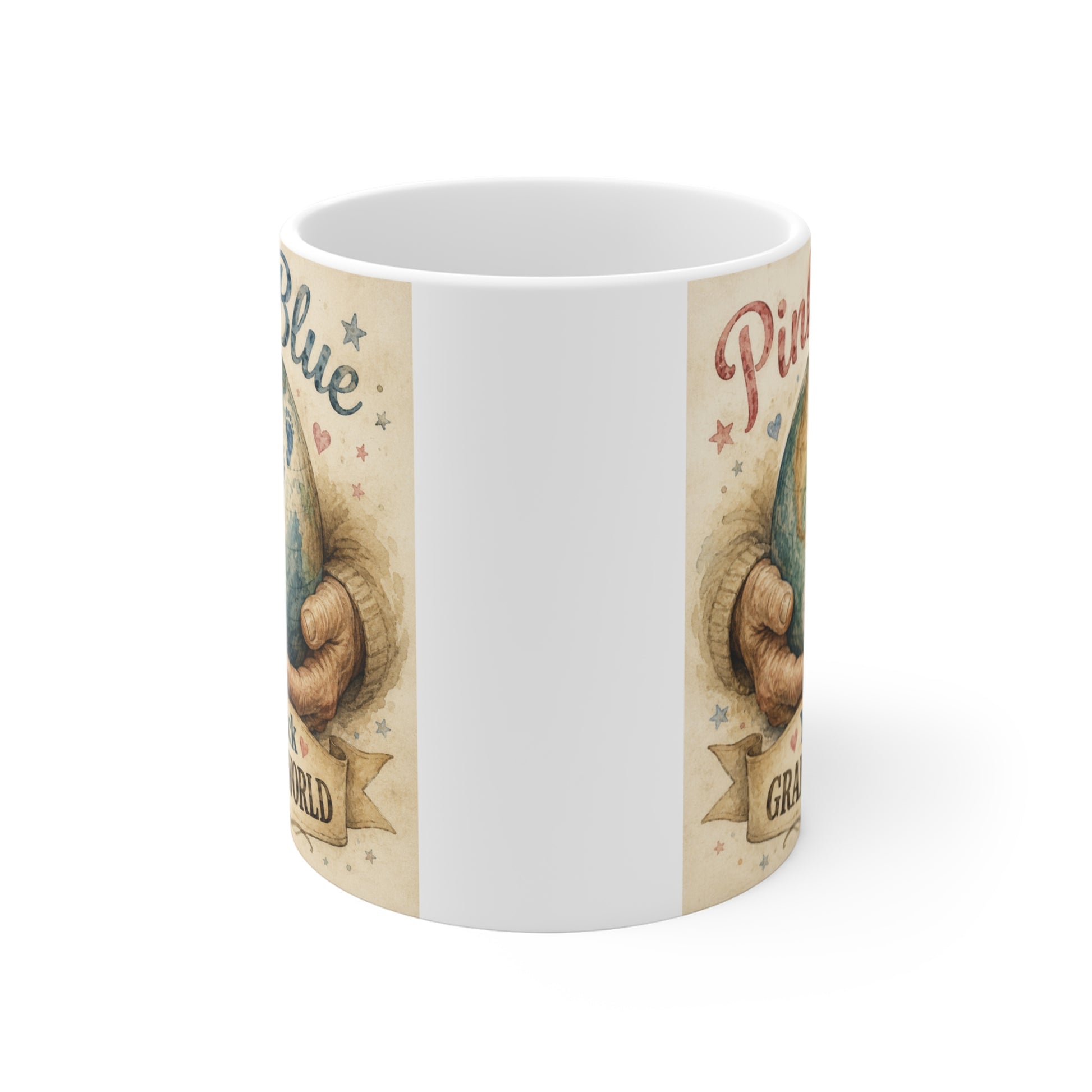 Heartwarming ceramic coffee mug with watercolor artwork of a globe held by grandpa's hands, decorated with pink and blue baby footprints, making a thoughtful new grandpa and baby announcement gift.