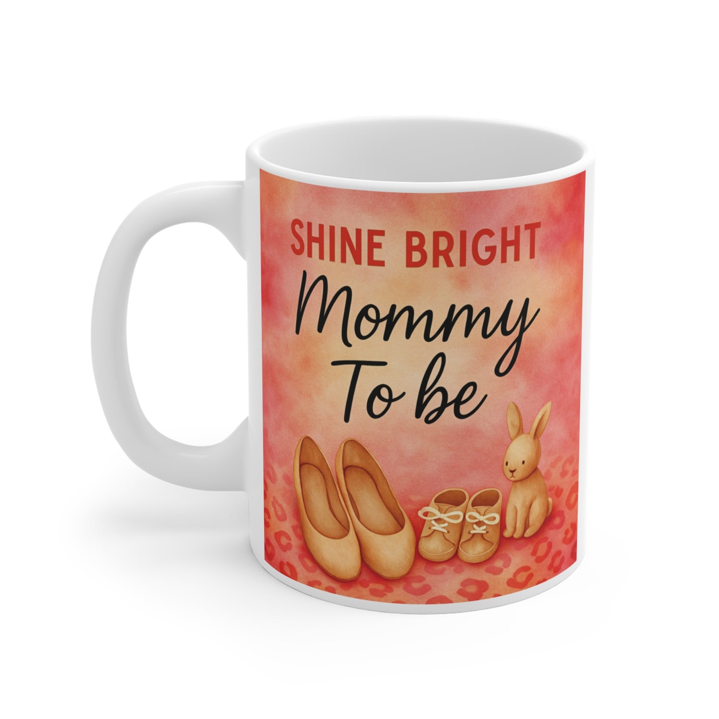 Mommy to be 11oz coffee mug with baby shower theme design, baby shoes and soft watercolor background, perfect pregnancy announcement gift