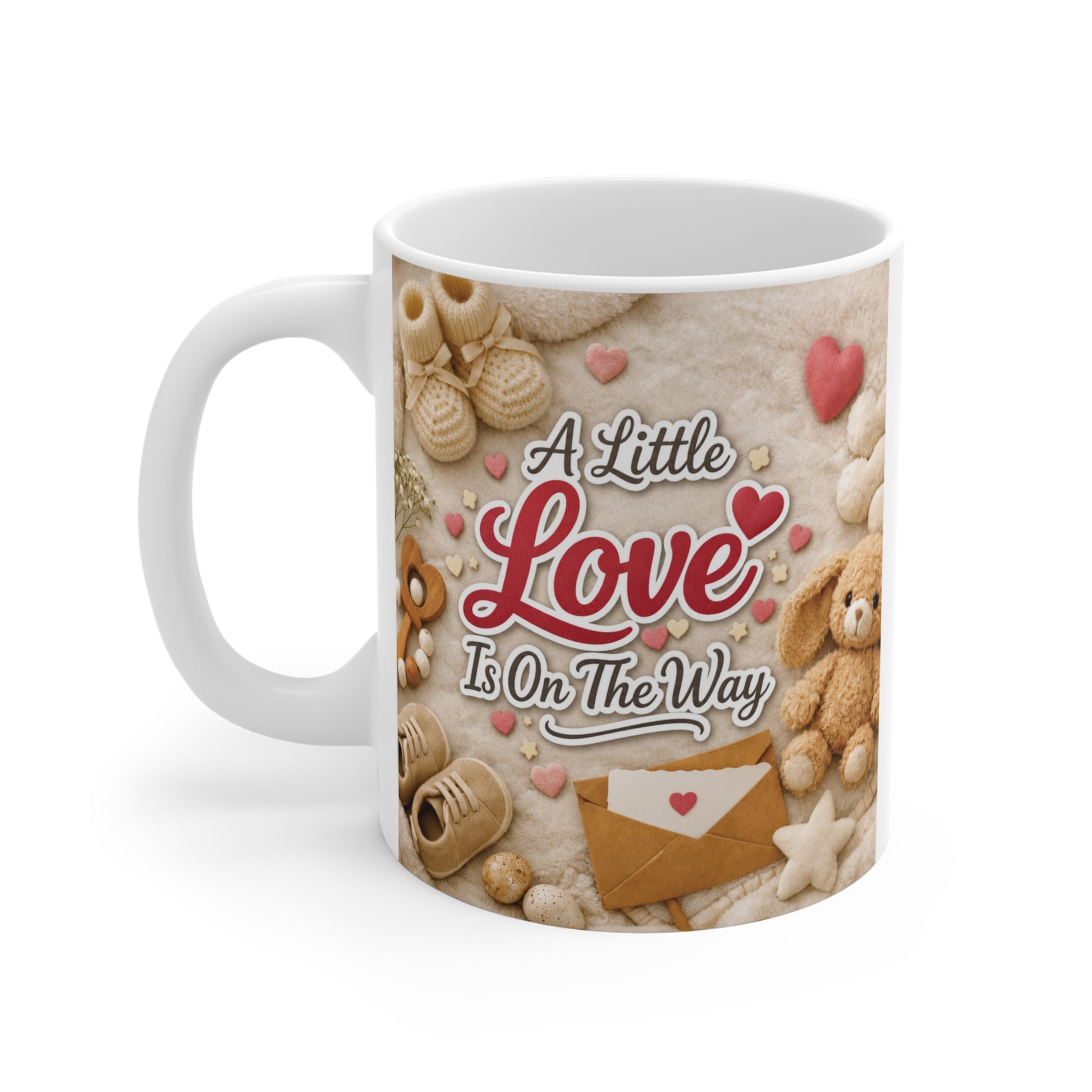 Neutral baby shower gift mug with adorable baby-themed artwork and A Little Love Is On The Way message printed on an 11oz ceramic coffee cup.