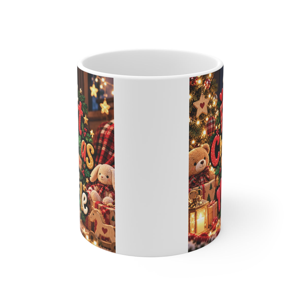 11oz Christmas coffee mug for new parents featuring Our First Christmas With Our Little Miracle design with teddy bears, presents and festive decorations.