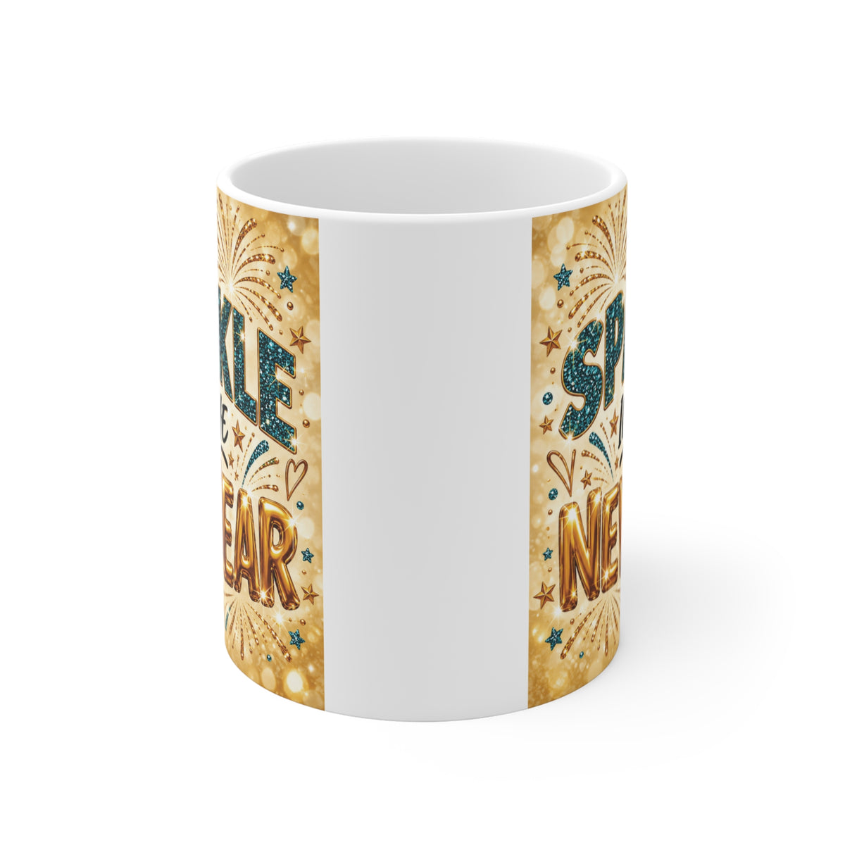 Gold and teal New Year coffee mug featuring Sparkle Into the New Year typography and fireworks