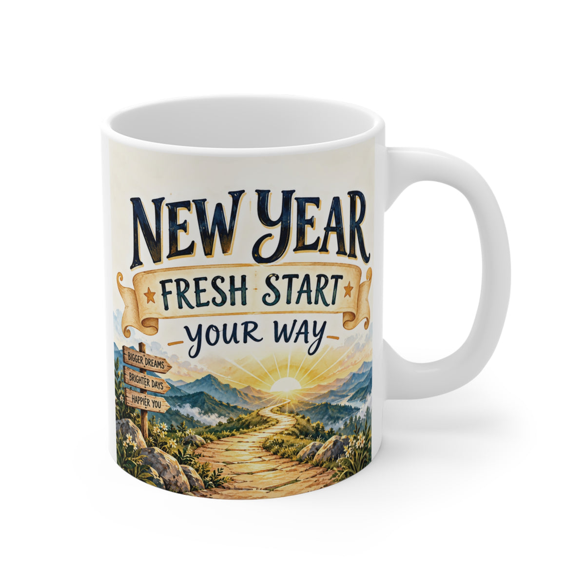 New Year Fresh Start Your Way 11oz coffee mug with sunrise, mountain path and inspirational new beginnings design.
