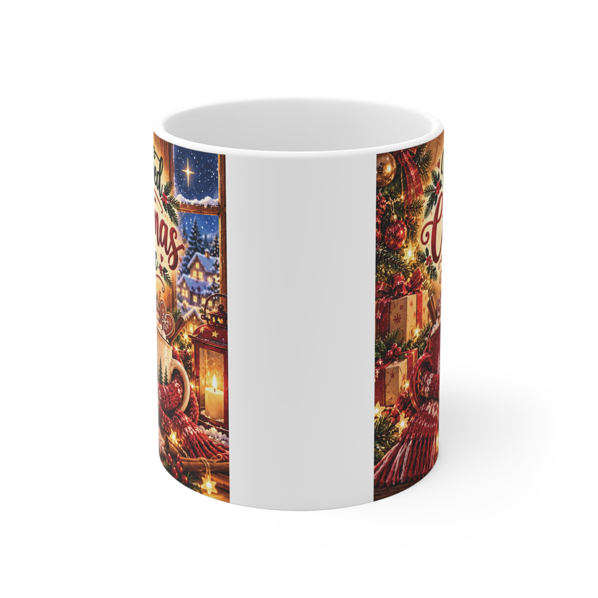 White 11oz Christmas coffee mug with Newlywed Christmas Magic lettering, festive red scarf, two heart-decorated cocoa cups and warm holiday artwork.