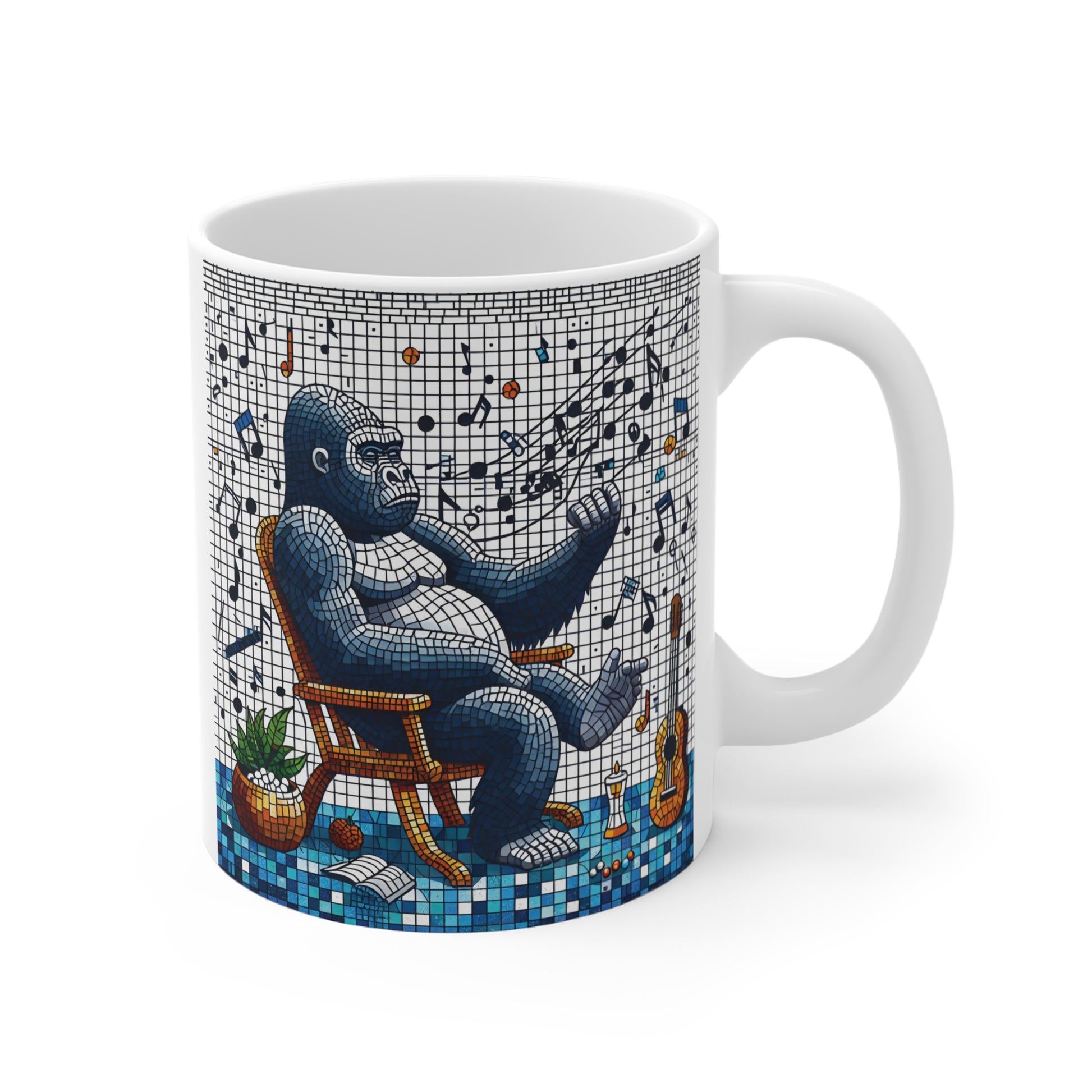 Mosaic gorilla coffee mug featuring a relaxed ape surrounded by musical notes, blending modern tile art with creative music-inspired design.