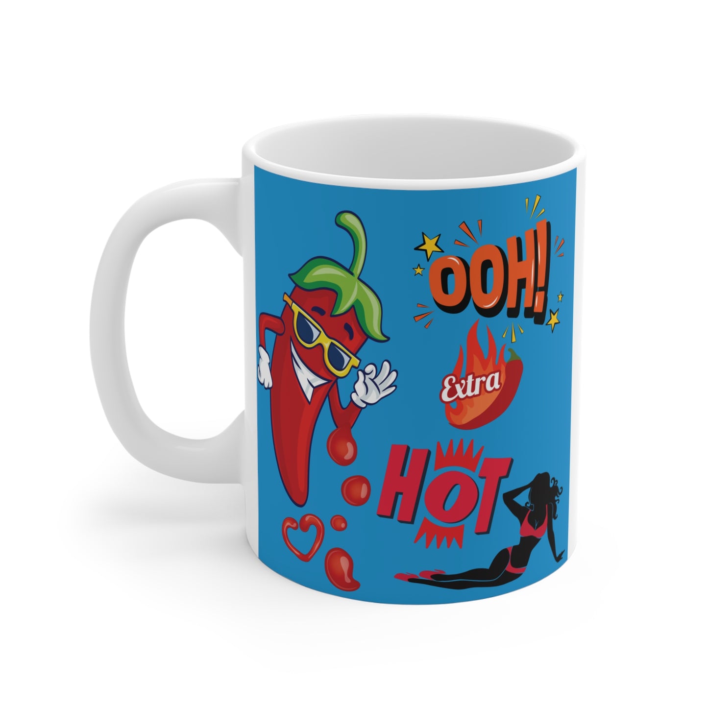 Fun novelty coffee mug with animated chili pepper character, playful typography reading 'Extra Hot,' and beach-style female silhouette illustration.