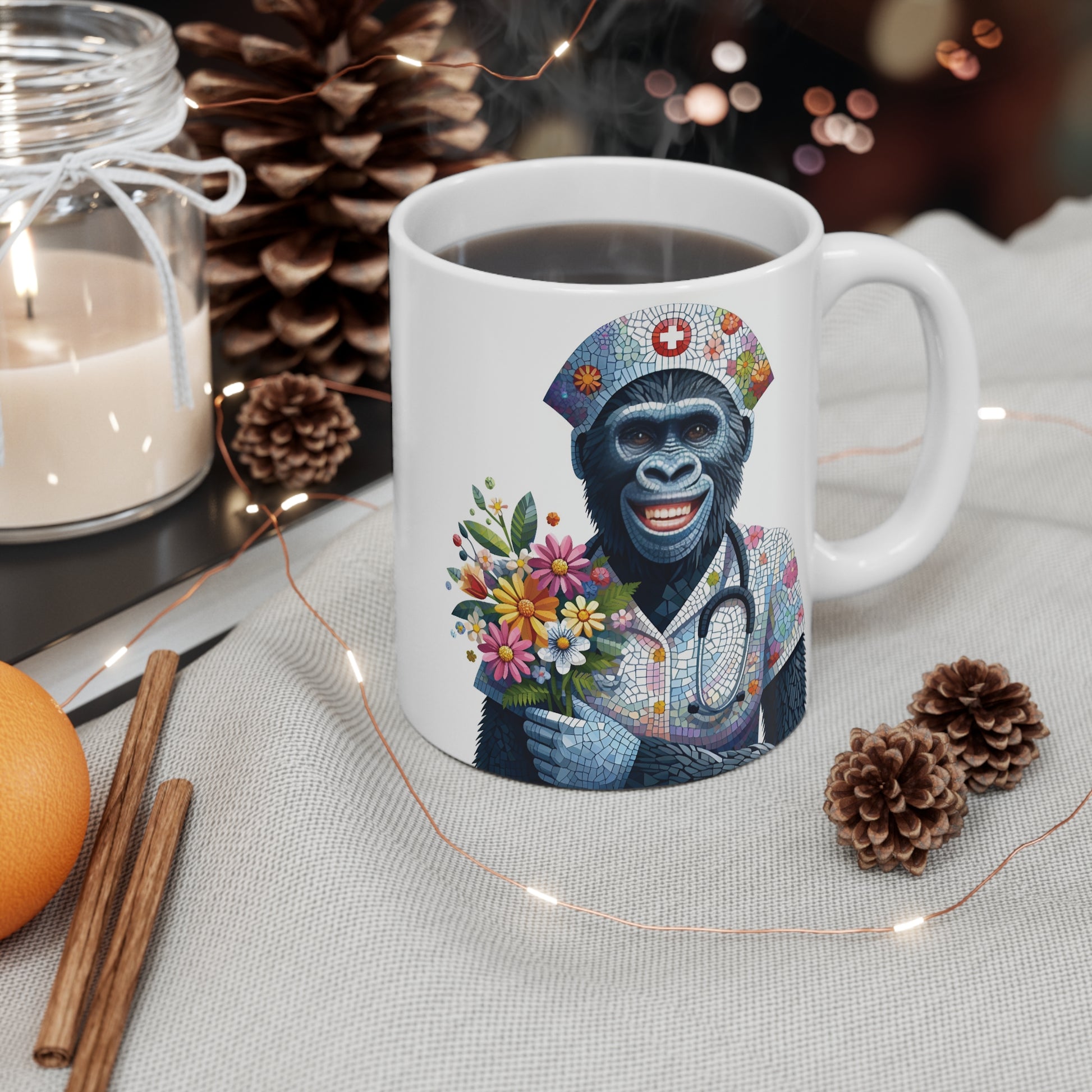 Nurse Cup with Smiling Gorilla in Mosaic Style