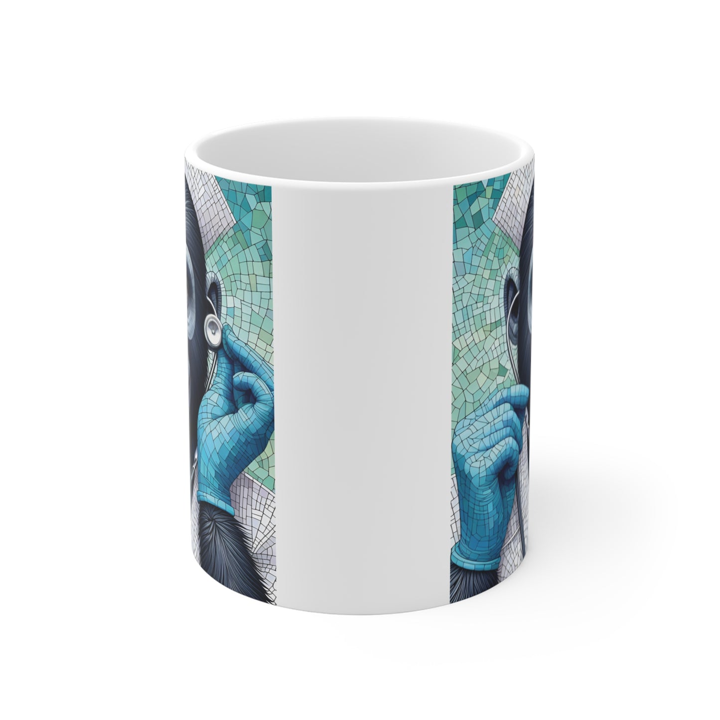 Cute gorilla healthcare worker in stained glass mosaic style with stethoscope and medical uniform printed on a coffee mug, unique gift for doctors, nurses, and clinicians.