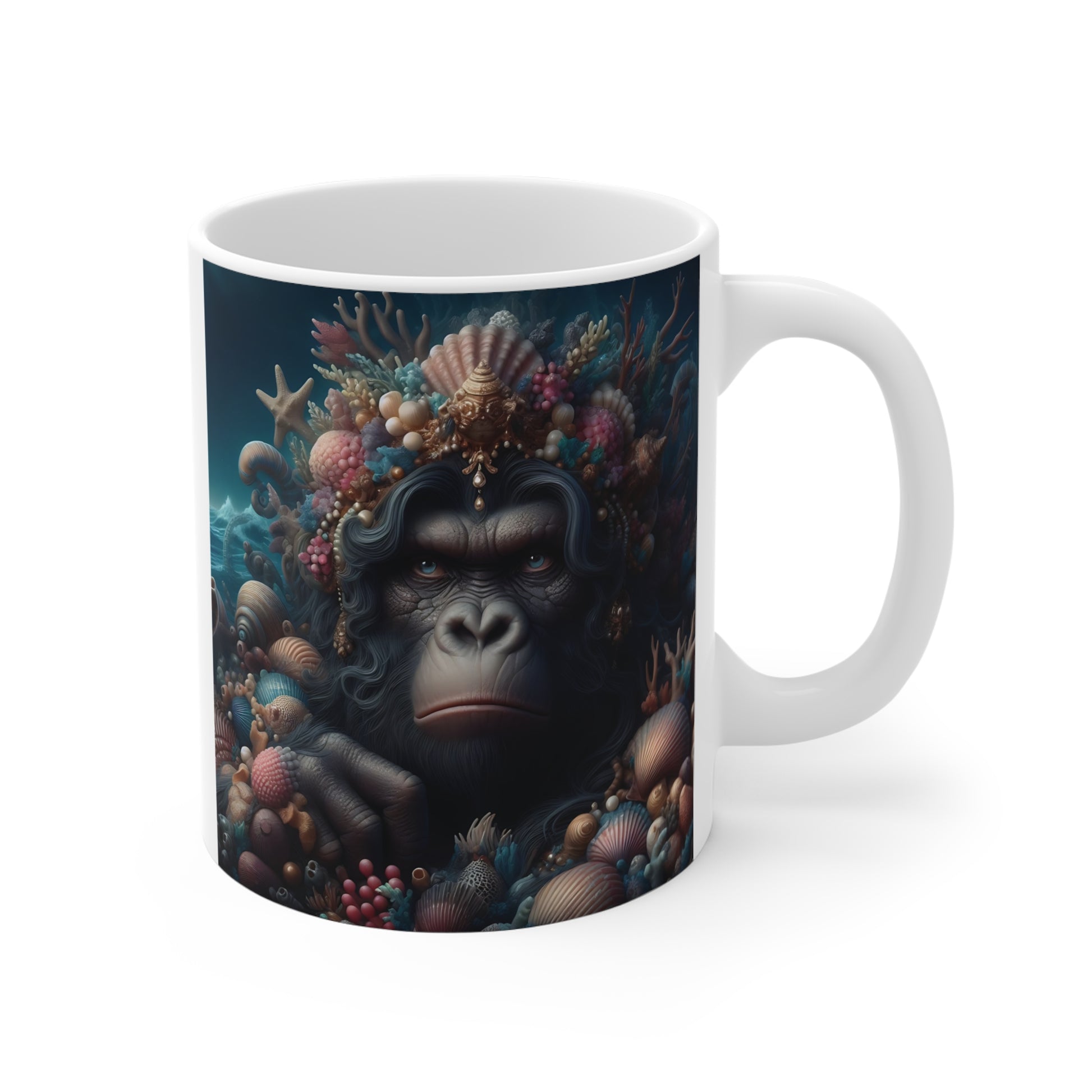 Fantasy ocean gorilla mug featuring a detailed gorilla surrounded by coral reefs, seashells, and underwater marine elements on a white ceramic cup.
