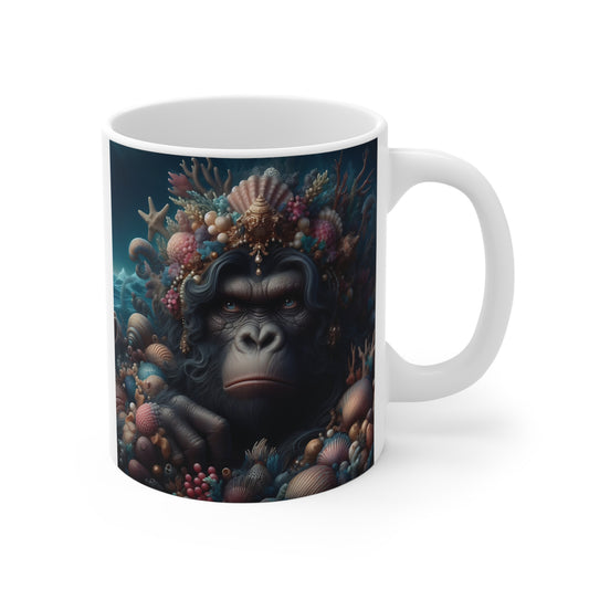 Fantasy ocean gorilla mug featuring a detailed gorilla surrounded by coral reefs, seashells, and underwater marine elements on a white ceramic cup.