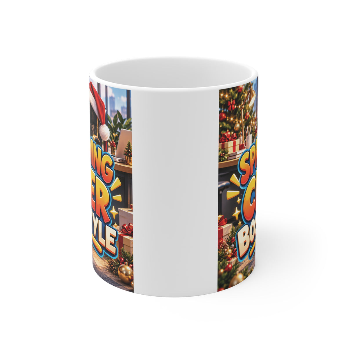 Festive boss Christmas coffee mug featuring bold orange and blue typography, executive chair with Santa hat and holiday decorations.