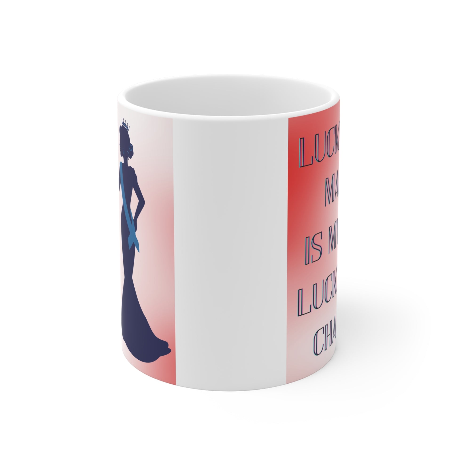 Cute Mother’s Day mug featuring ‘Lucky Mama Is My Lucky Charm’ quote with stylish crowned woman illustration