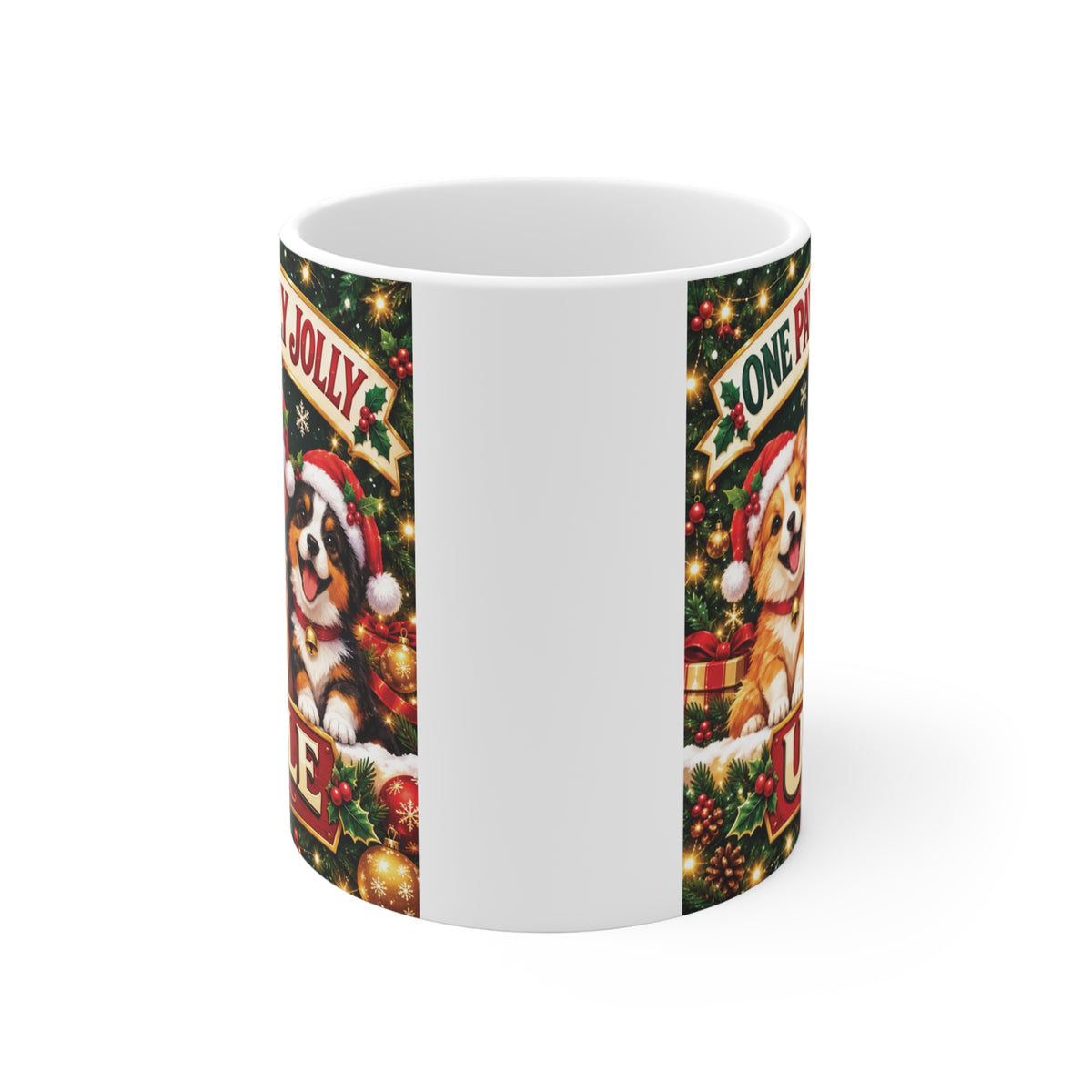 White 11oz ceramic Christmas mug featuring three adorable dogs in Santa hats with One Pawsitively Jolly Uncle lettering, a festive holiday gift for uncles.