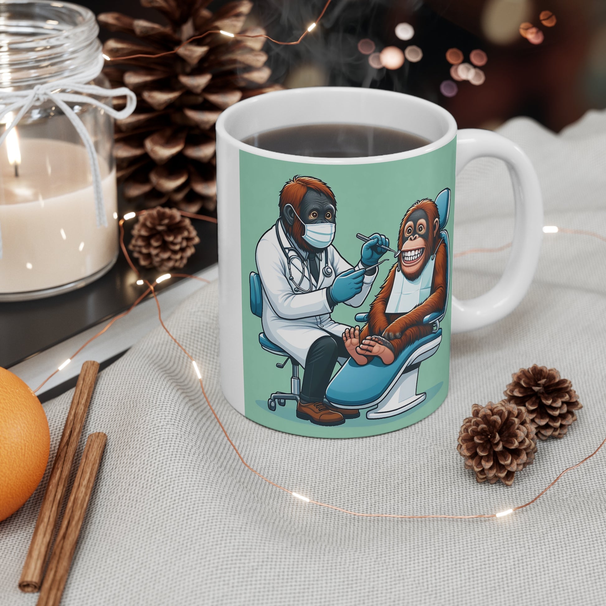 Orthodontist Mug (Cartoon Orangutan Dentist & Patient Design)