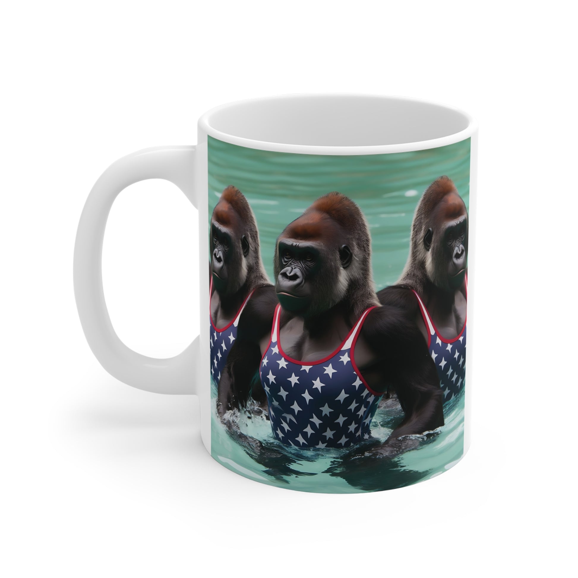 Cartoon gorilla swimmer mug showing powerful apes in the water wearing star-print outfits, creative sports animal coffee cup
