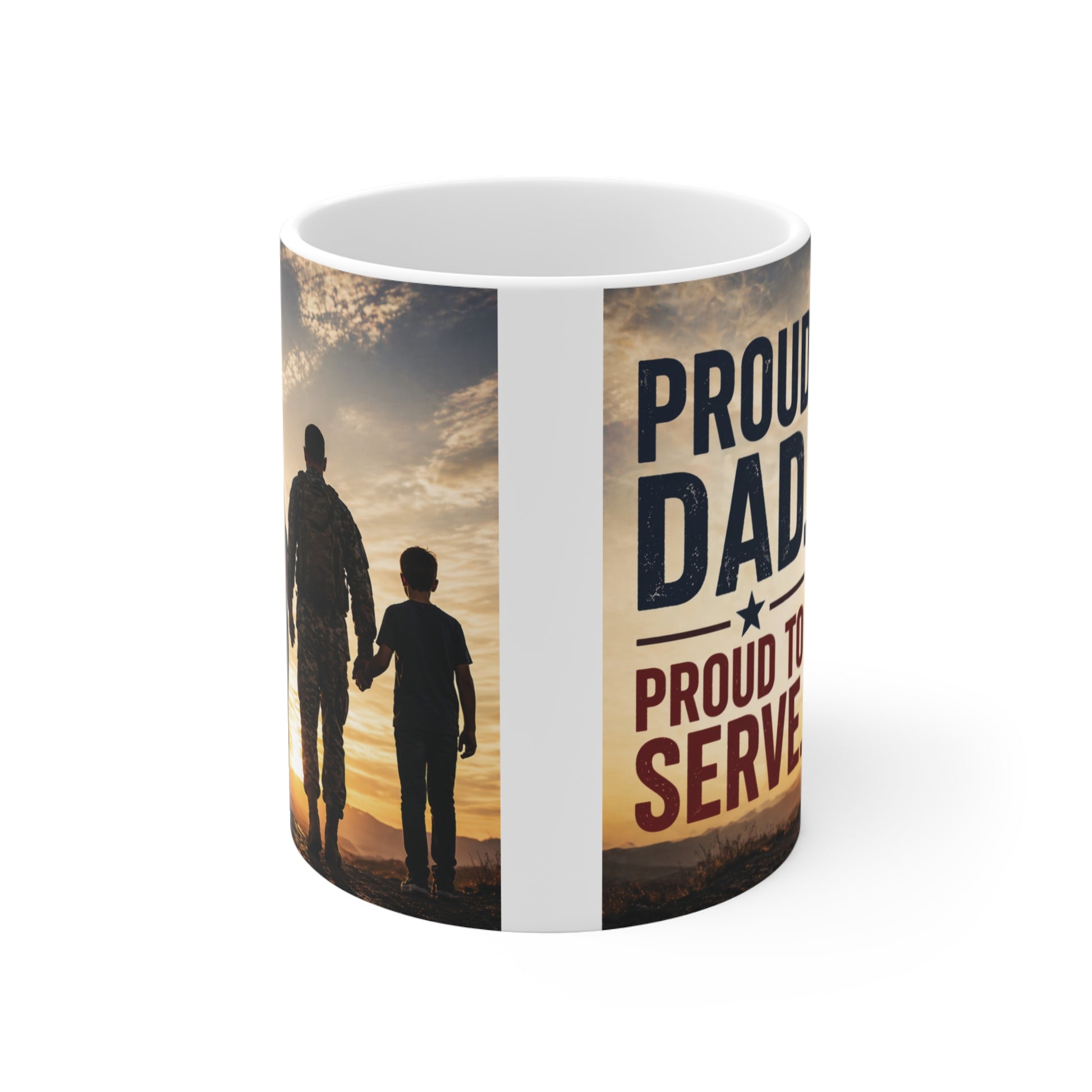 Patriotic coffee mug for dad featuring soldier and family at sunset, ideal army dad mug and Father’s Day military gift