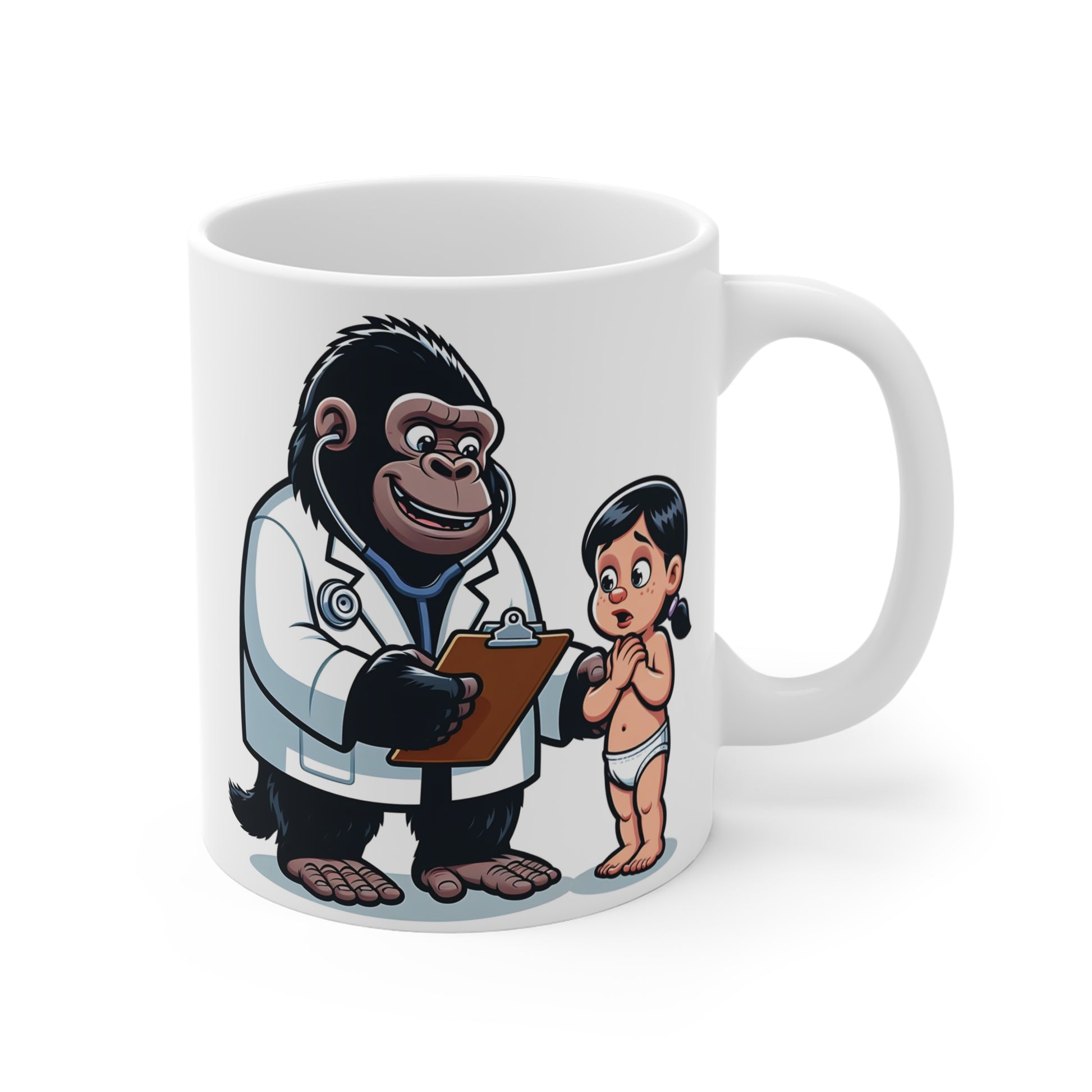 Cartoon gorilla doctor examining a nervous child on a white ceramic coffee mug, funny medical-themed mug design for pediatricians and healthcare workers.