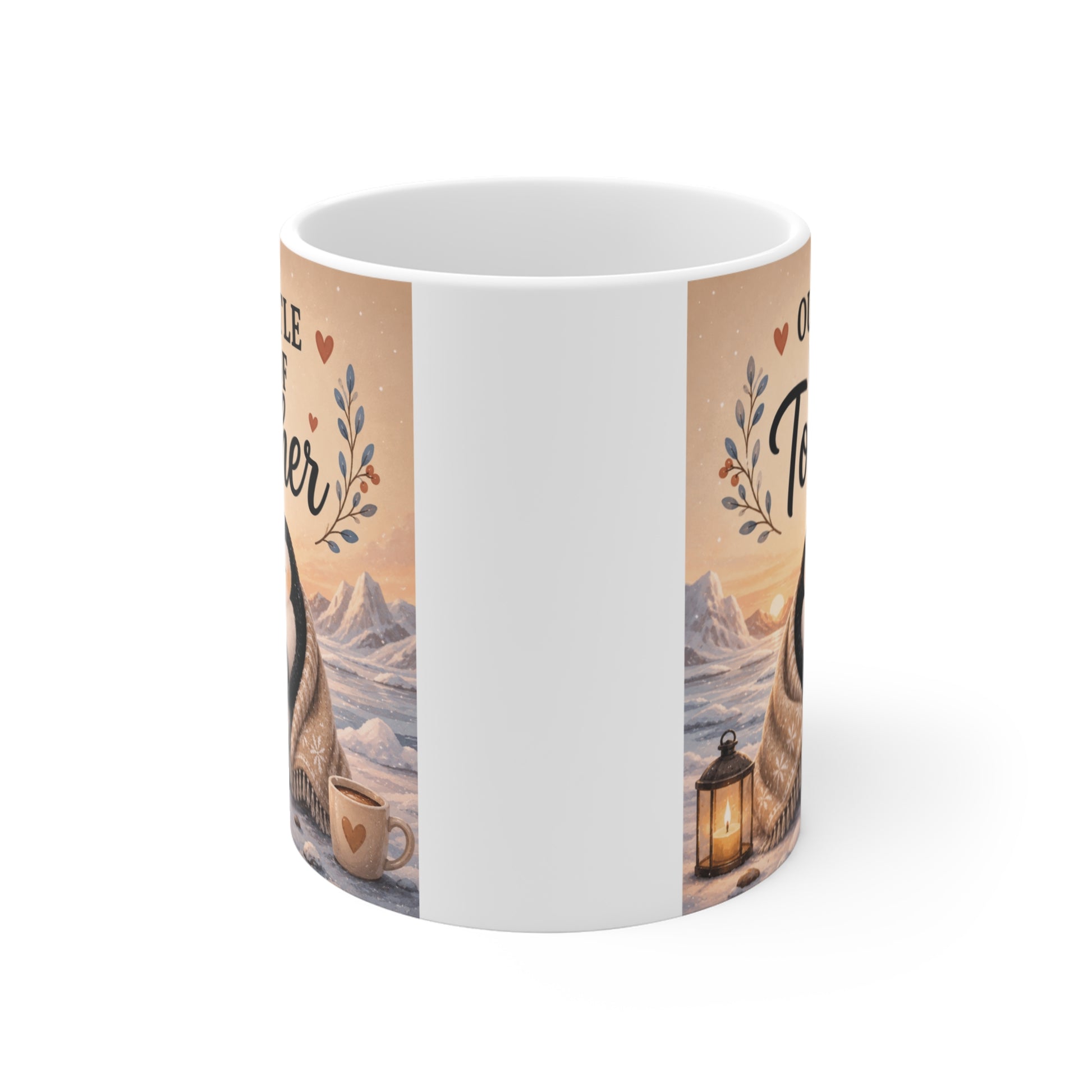 Cozy winter penguin family coffee mug featuring soft neutral colors, heartwarming artwork, and the quote “Our Little Kind of Together.”