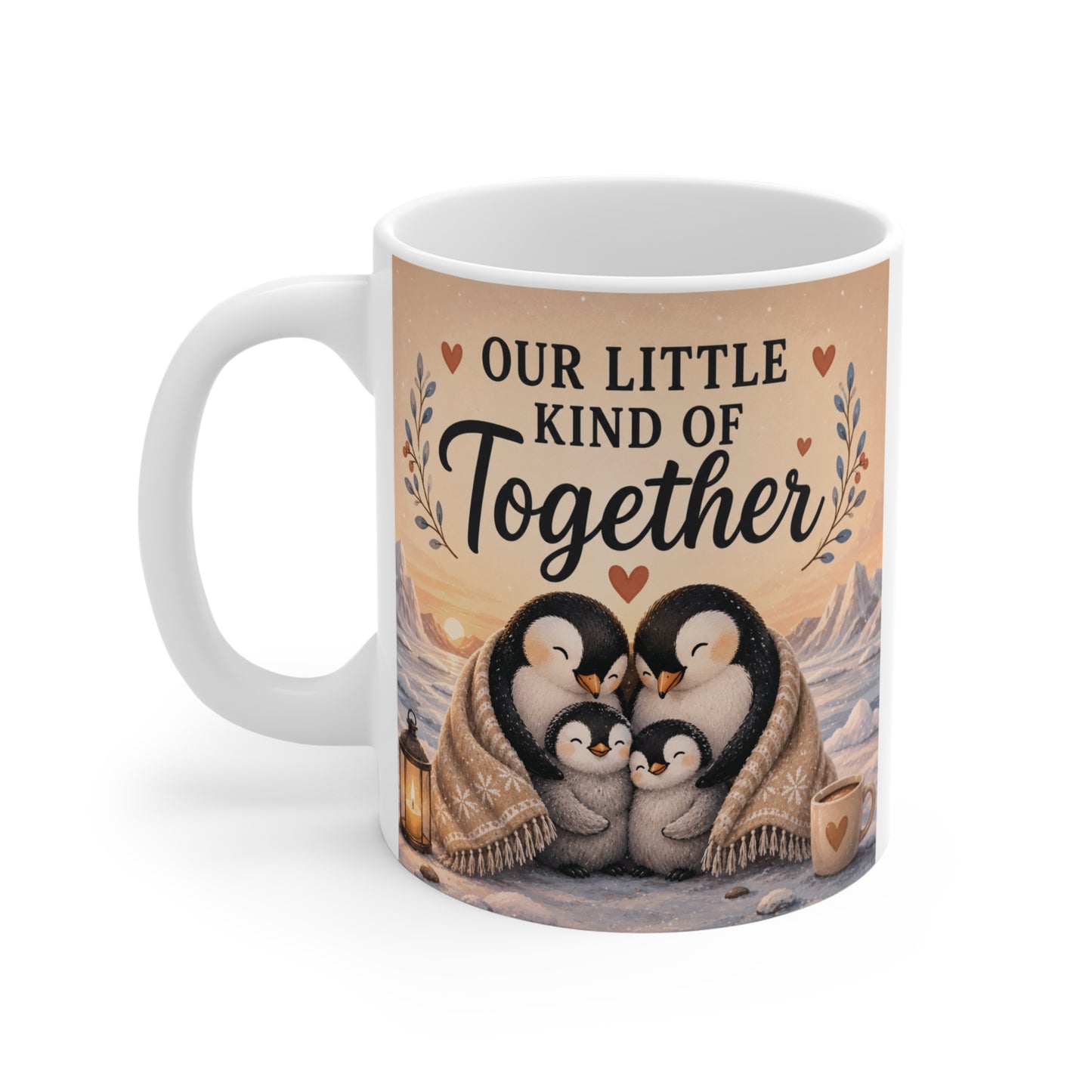Farmhouse style penguin family mug with warm winter aesthetic, lantern, hot cocoa cup, and decorative typography for cozy family gifting.