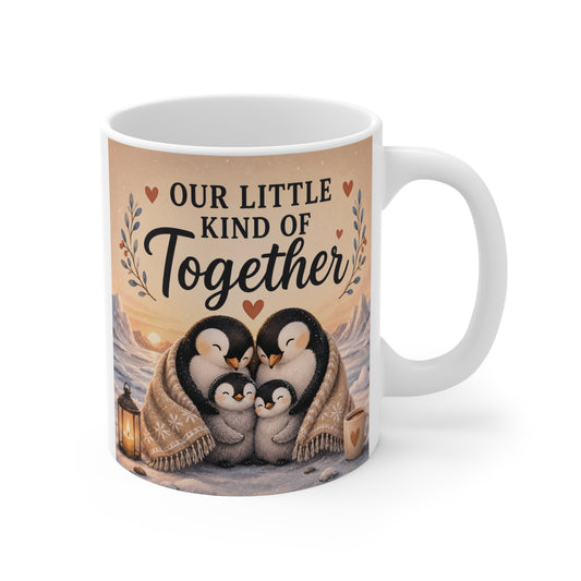 Cute penguin family wrapped in a cozy blanket on an 11oz ceramic mug with the phrase “Our Little Kind of Together” in farmhouse style typography.
