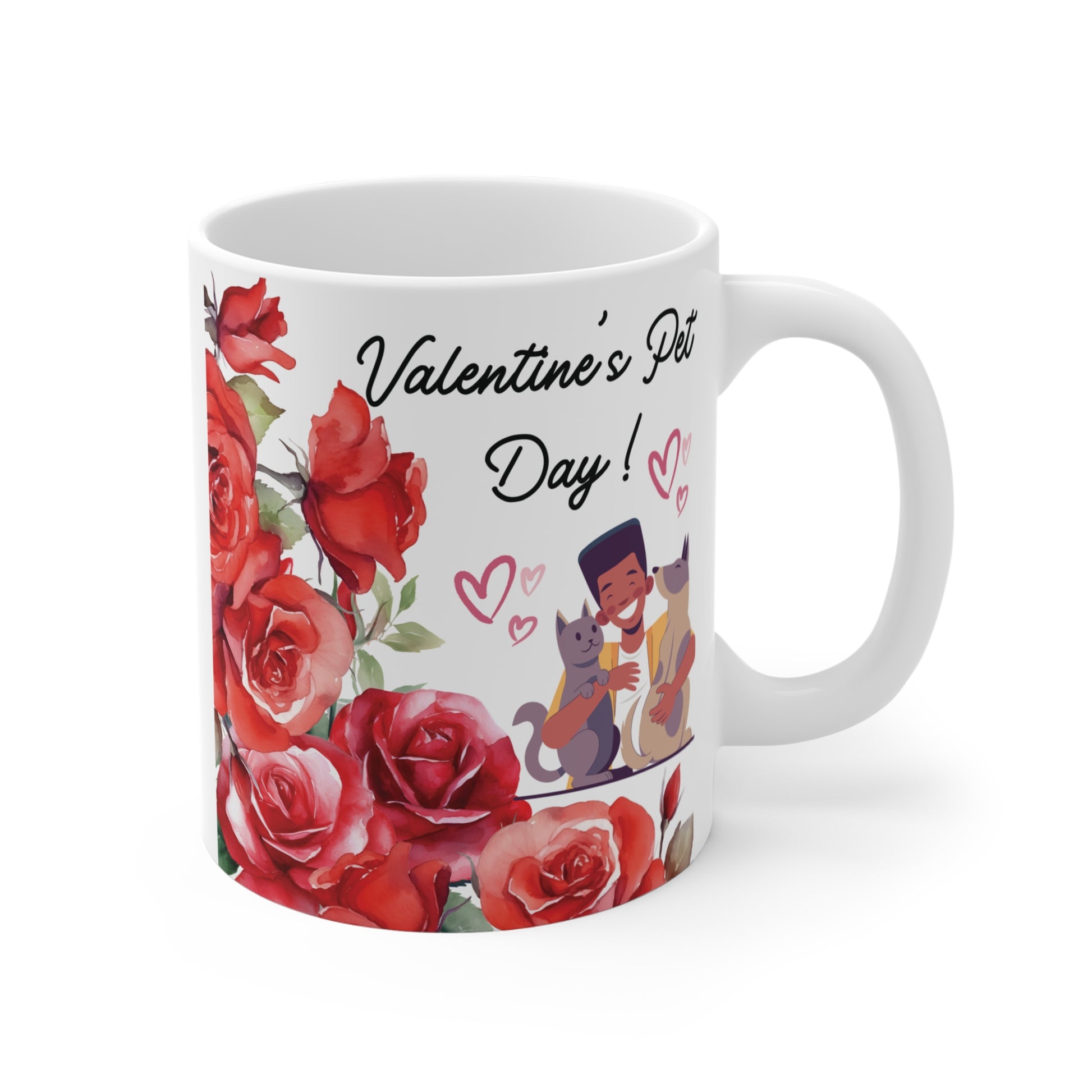 Valentine’s Pet Day mug with roses and man hugging cats, cute pet lover gift coffee cup design