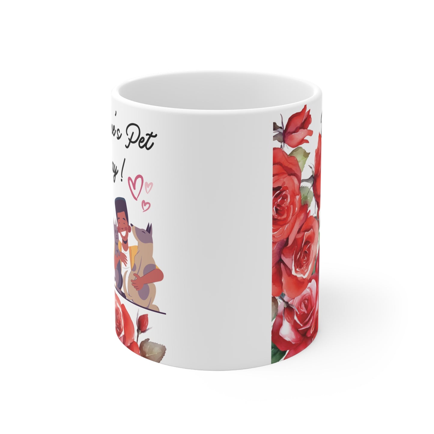 Cute Valentine pet mug with floral rose design and person holding cats, love themed gift for animal lovers