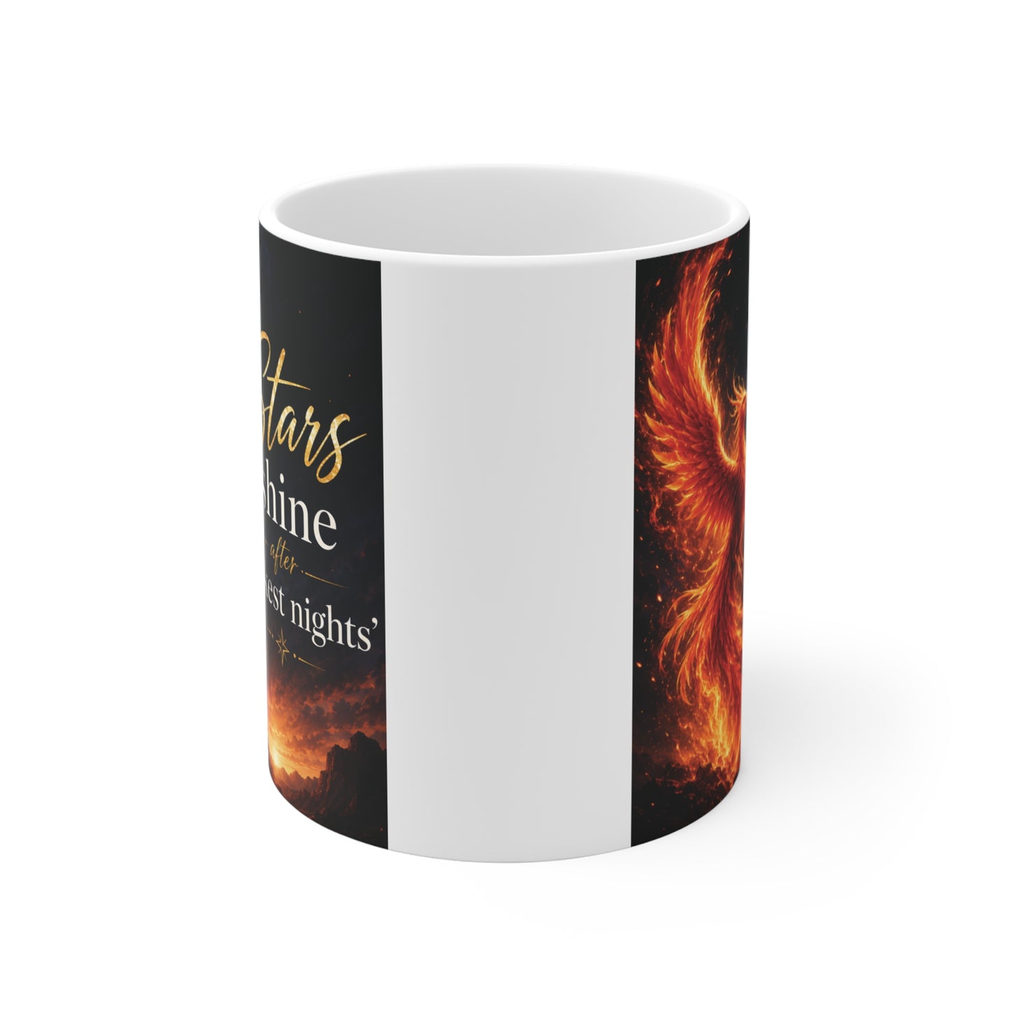 Motivational ceramic mug featuring glowing phoenix artwork and uplifting quote for hope and resilience
