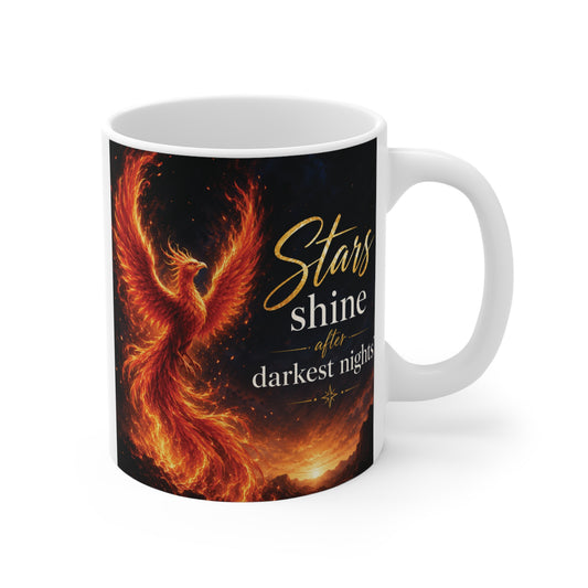 Fiery phoenix inspirational 11oz coffee mug with quote “Stars Shine After the Darkest Night” on black background