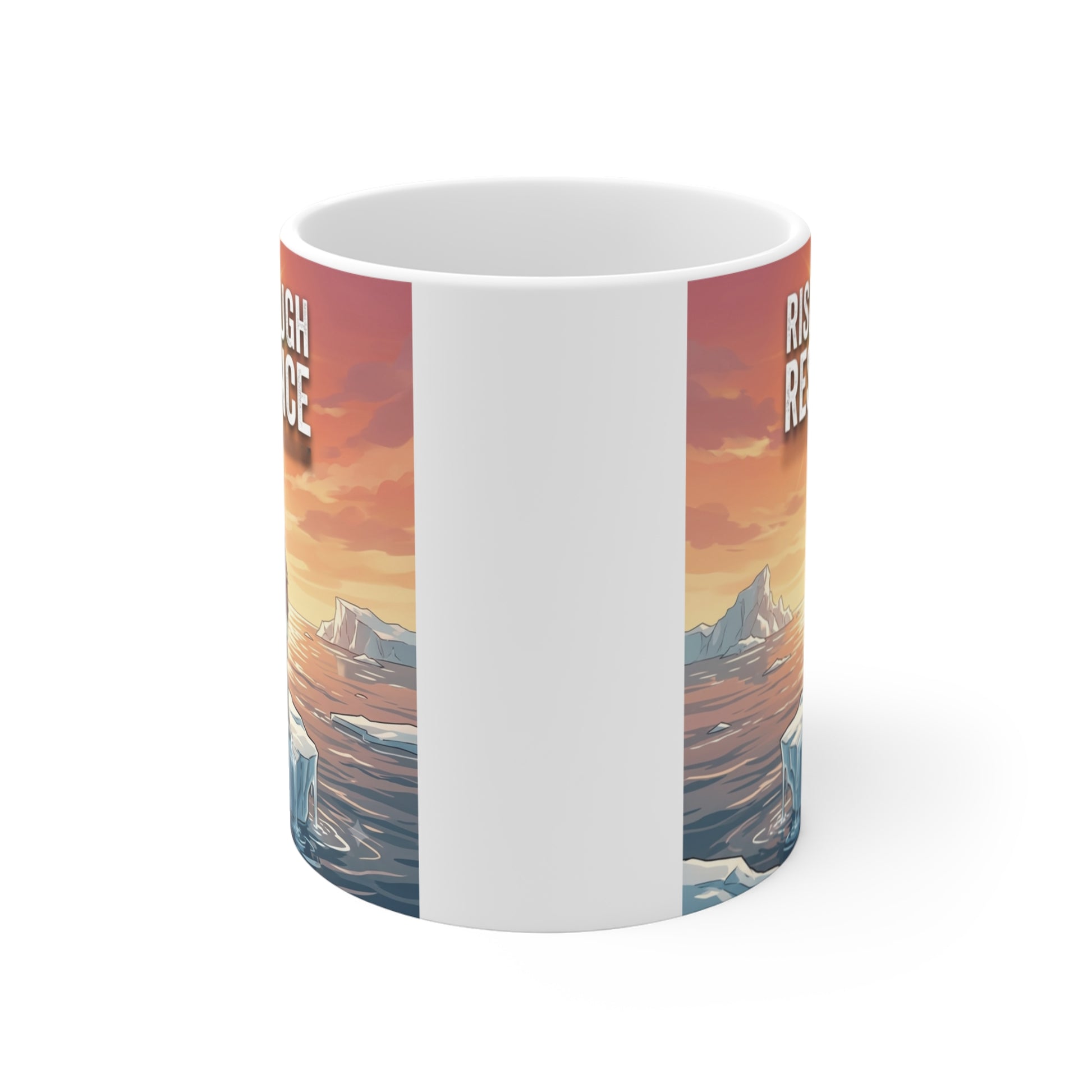 Motivational polar bear coffee mug with bold wilderness artwork and the phrase "Rise Through Resistance."
