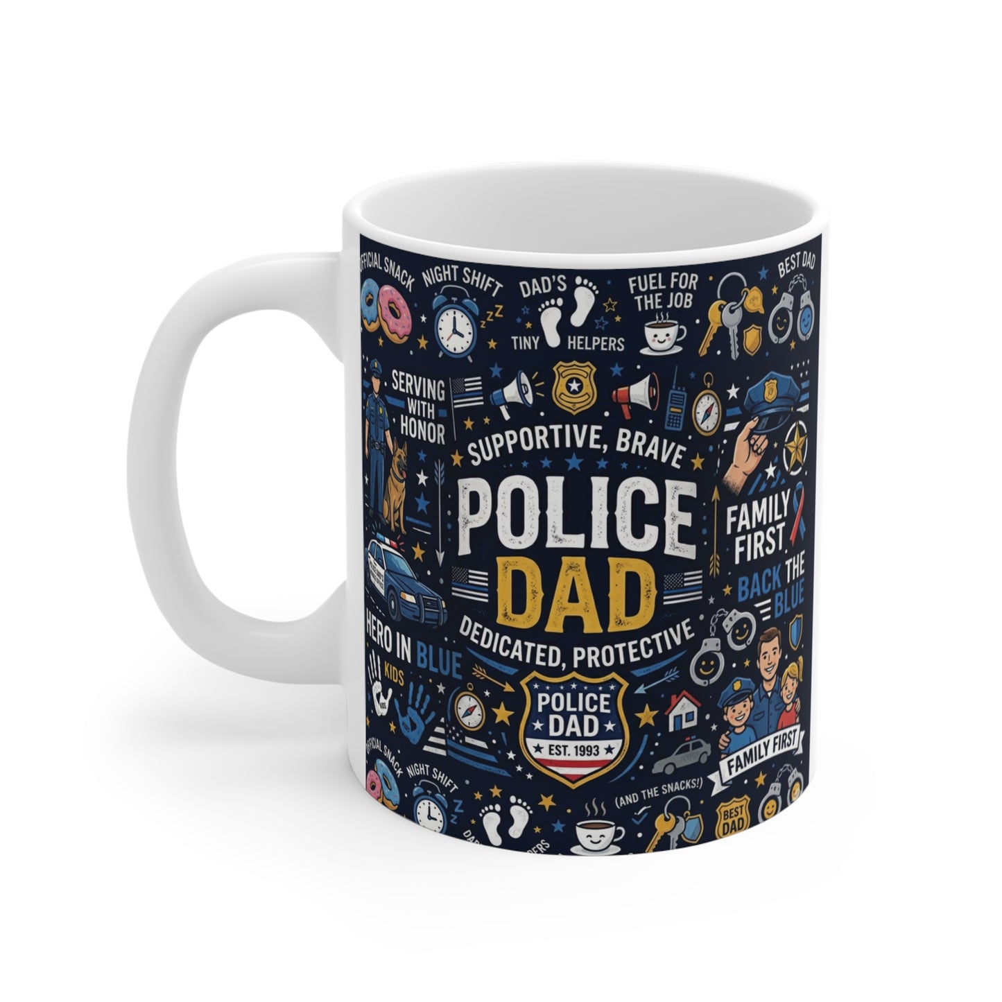 Proud police dad coffee mug with police-themed icons, perfect law enforcement dad gift for Father’s Day