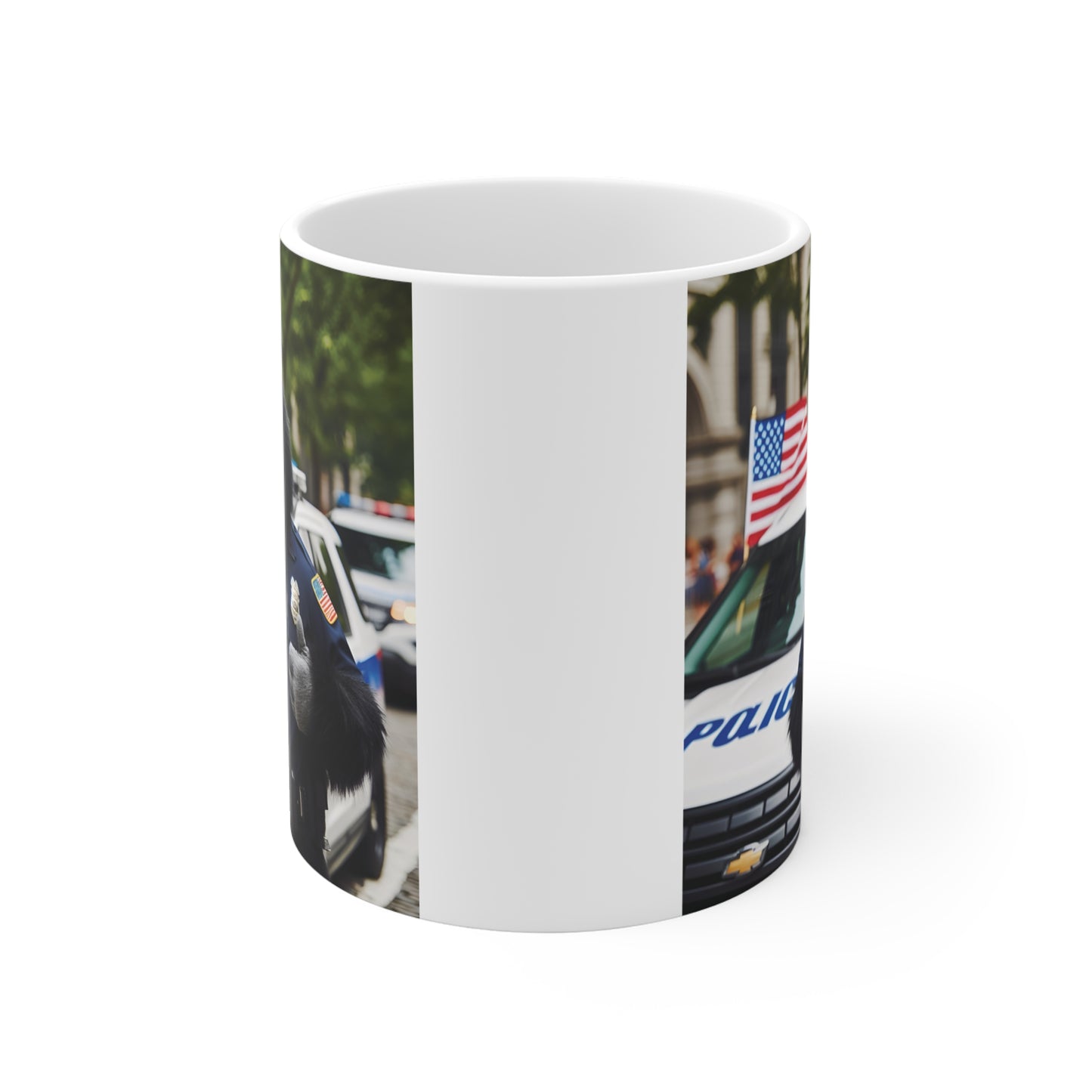 Funny police gorilla mug featuring a friendly gorilla cop in uniform giving a thumbs-up beside a police vehicle.