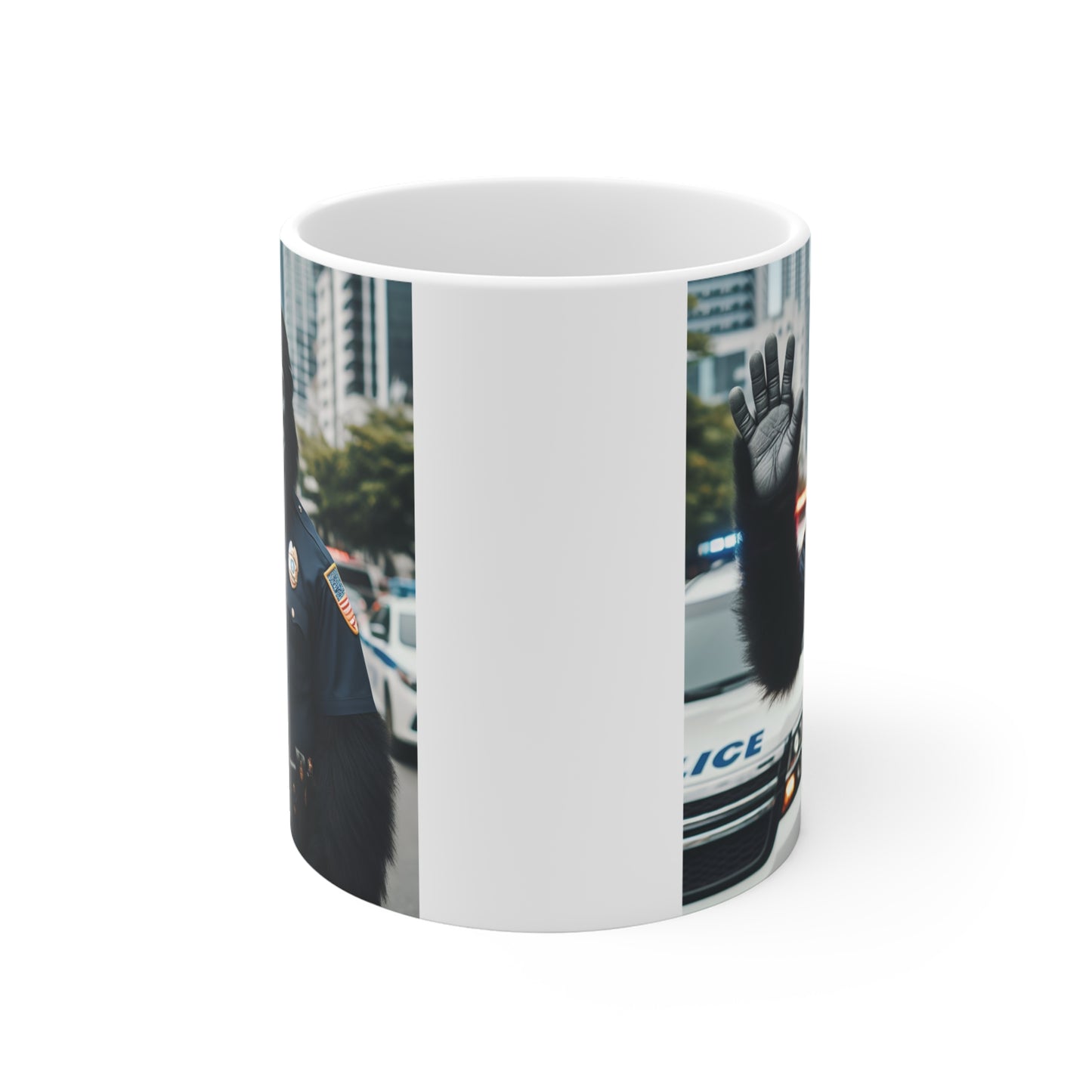 Novelty coffee mug displaying a friendly gorilla wearing a police uniform and tie, standing in front of patrol cars in an urban setting.
