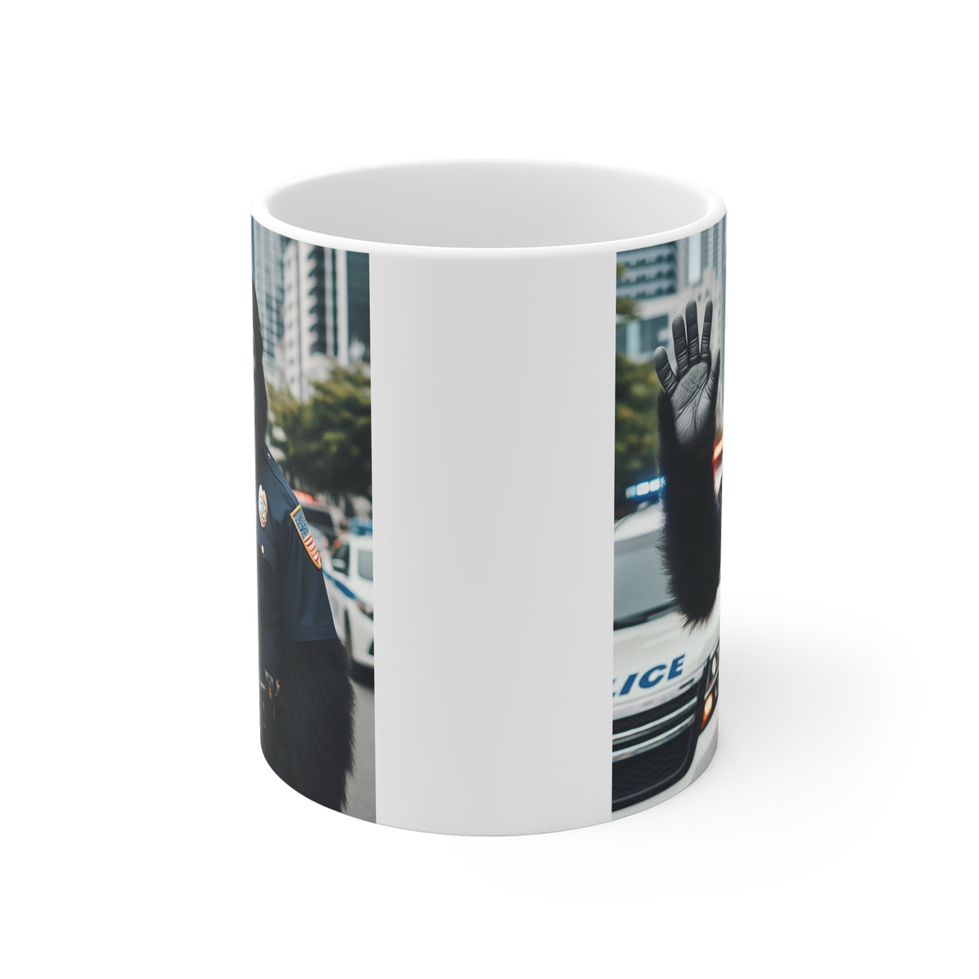 Novelty coffee mug displaying a friendly gorilla wearing a police uniform and tie, standing in front of patrol cars in an urban setting.