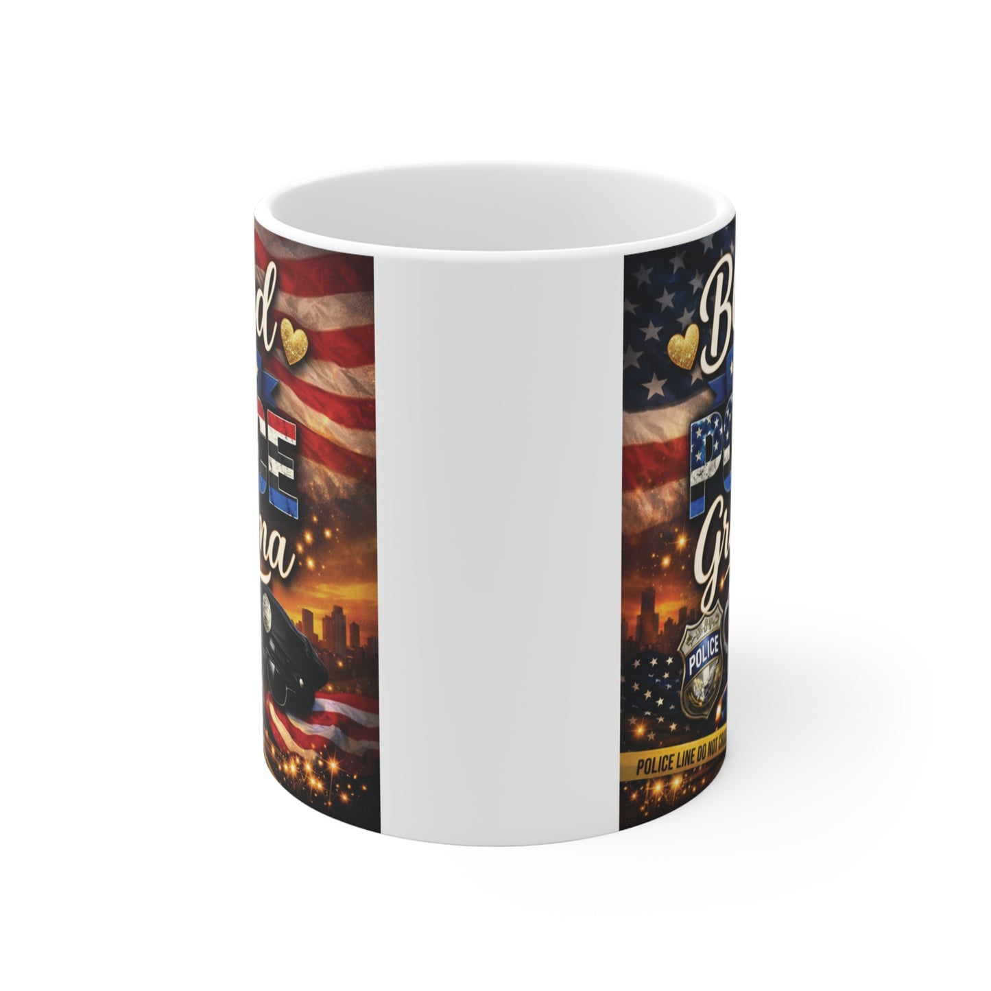 Patriotic Police Grandma coffee mug featuring American flag, police equipment, and Blessed to Be a Police Grandma typography.