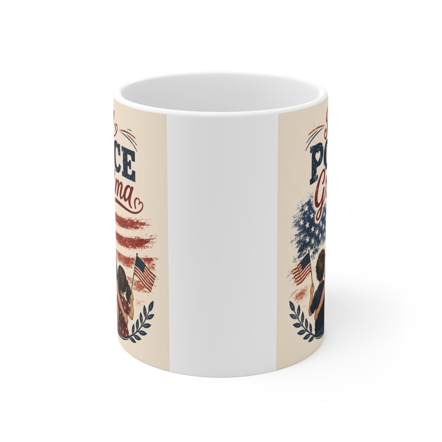 Police Grandma coffee mug with patriotic artwork and Proud Police Grandma text, perfect gift for law enforcement families.