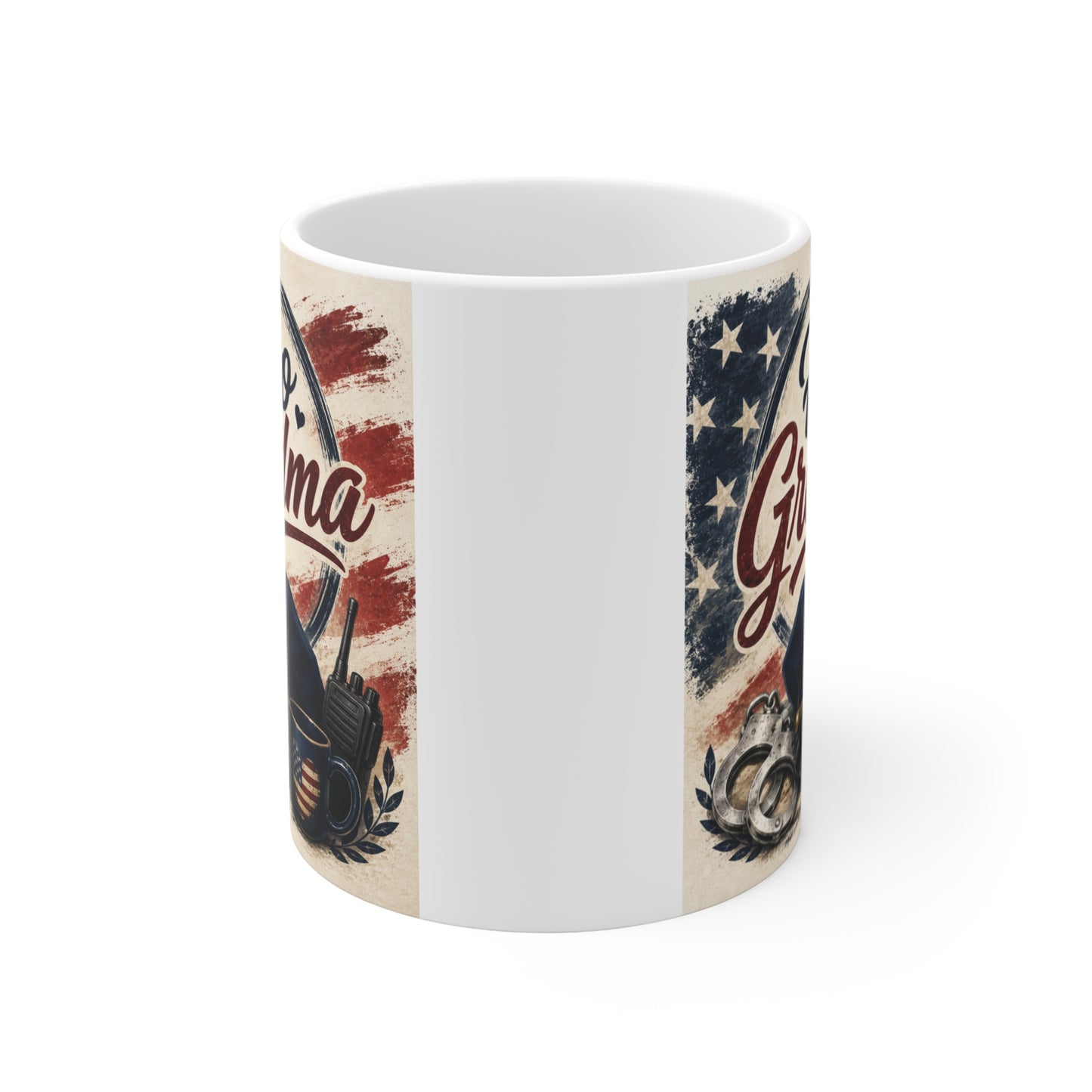 11oz Hero Grandma mug featuring police-inspired artwork and patriotic retro typography.