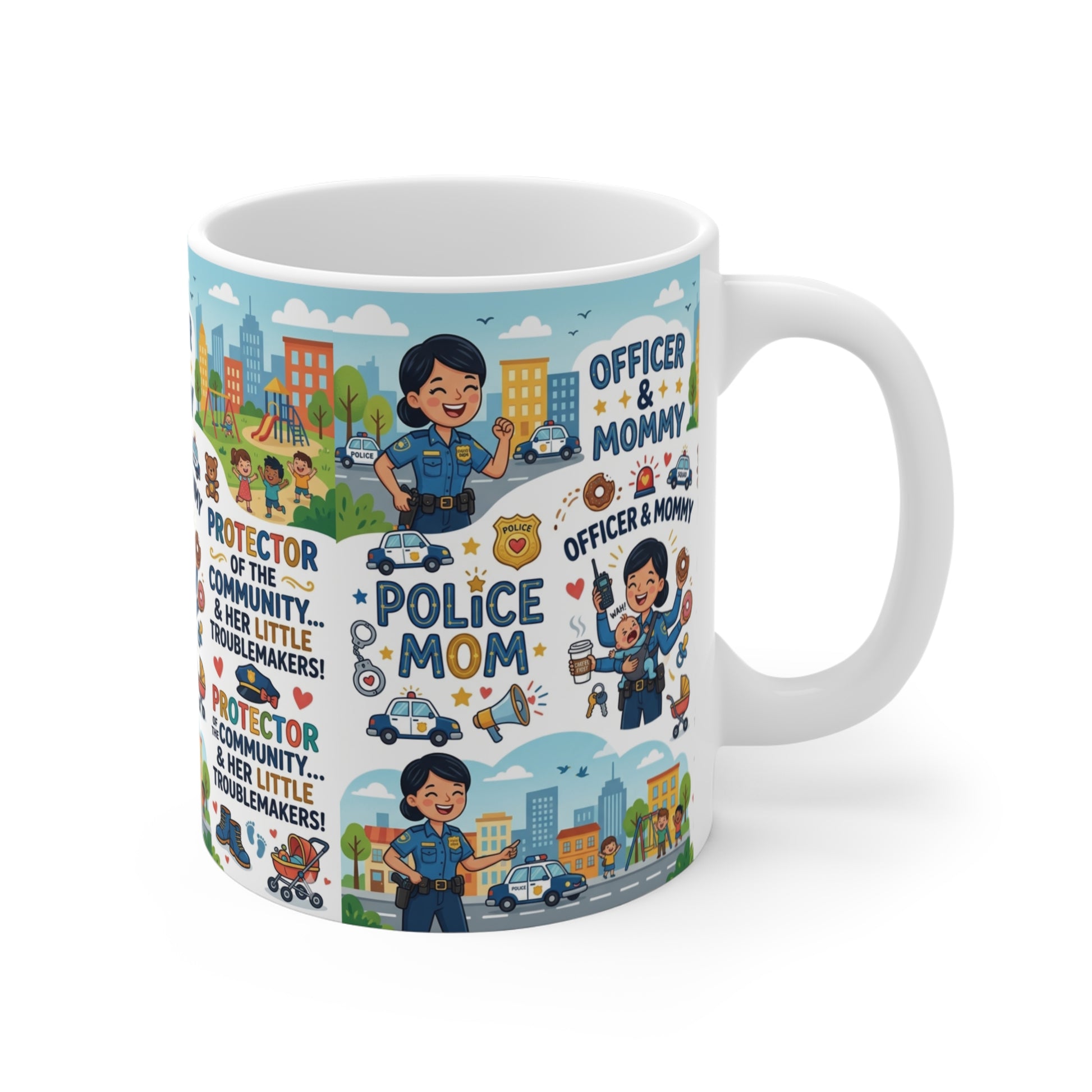 Cute police mom gift mug with full wrap around design, 11oz ceramic coffee cup for cop wife, first responder family and police appreciation gift