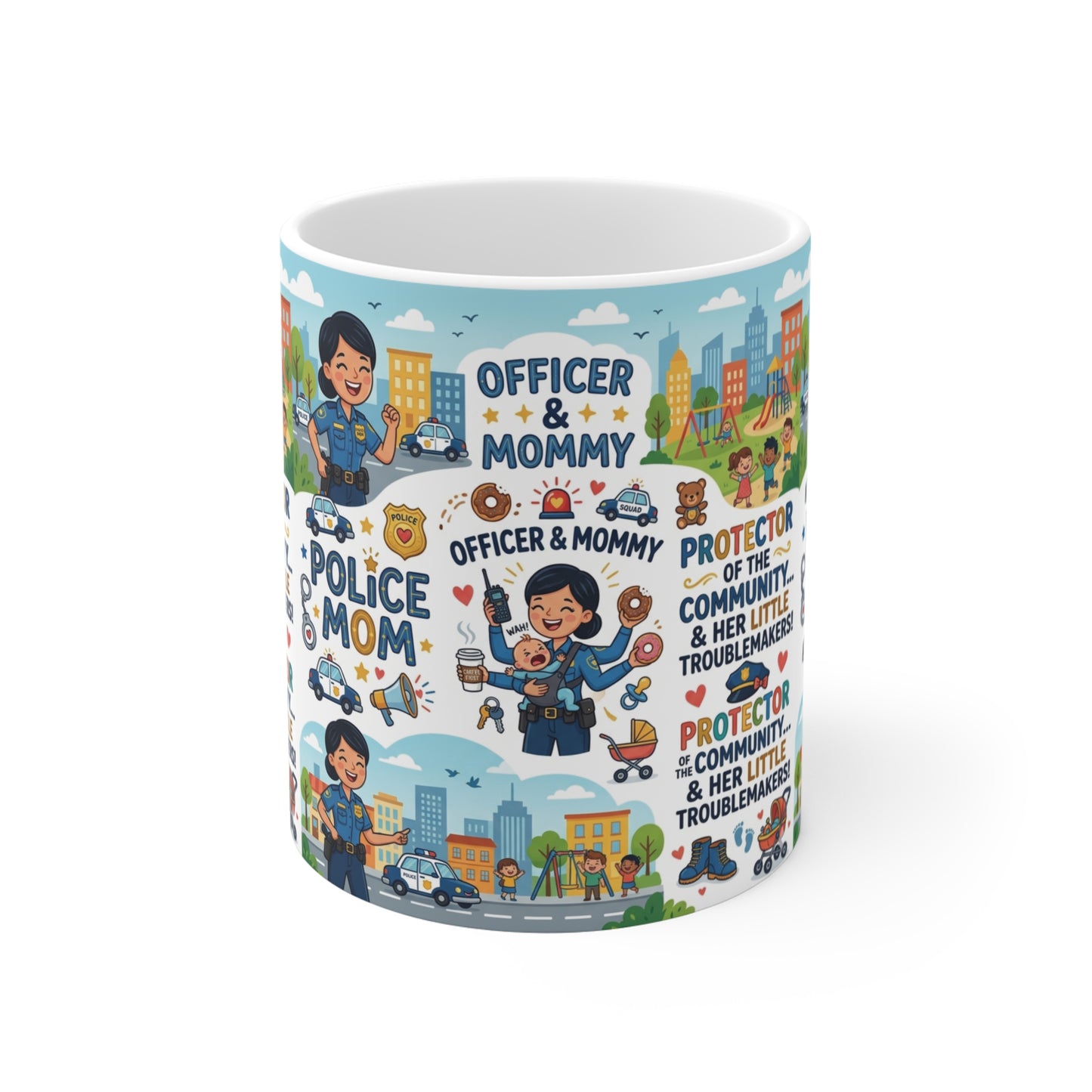 Police mom mug 11oz with cute cartoon wrap around design and law enforcement icons, perfect police mom gift and cop wife coffee mug