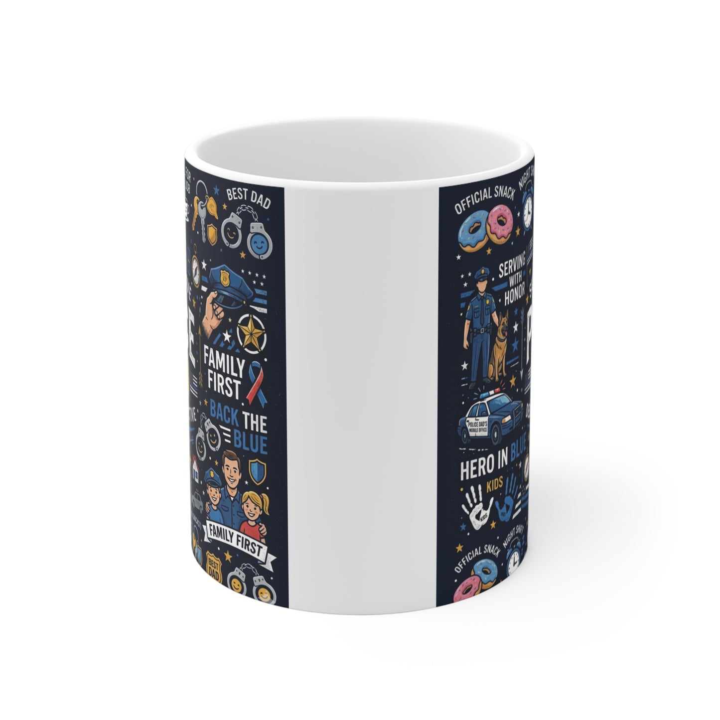 Police officer dad mug 11oz ceramic cup with bold typography, thin blue line inspired gift for dad