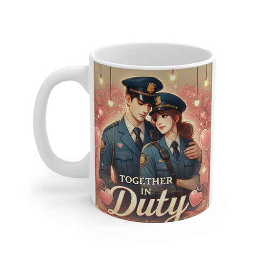 Together in Duty police couple mug with romantic illustration of officers in uniform, law enforcement gift idea