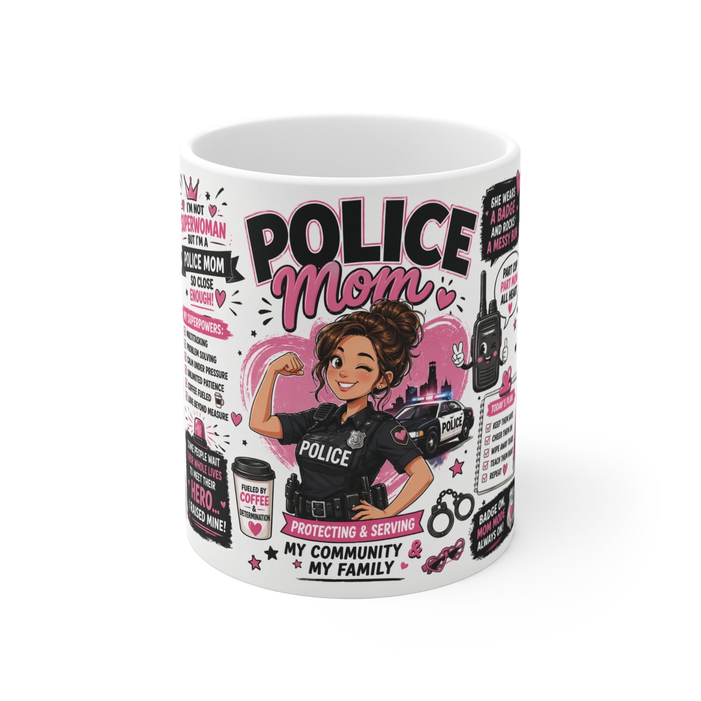 Police mom mug 11oz wrap around design with pink female officer illustration, law enforcement mom gift coffee cup