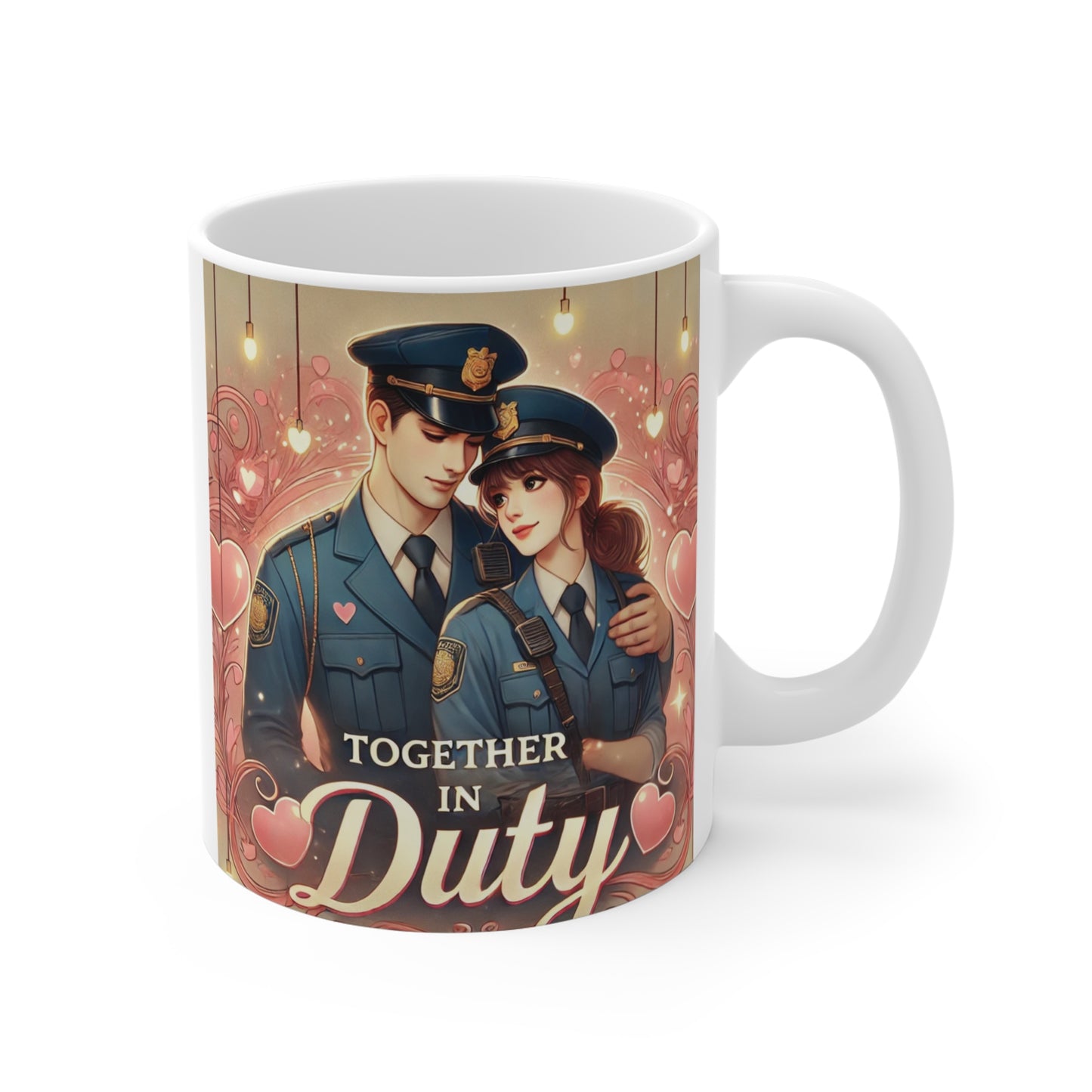 Police officer couple coffee mug with ‘Together in Duty’ quote, romantic gift for cops and partners