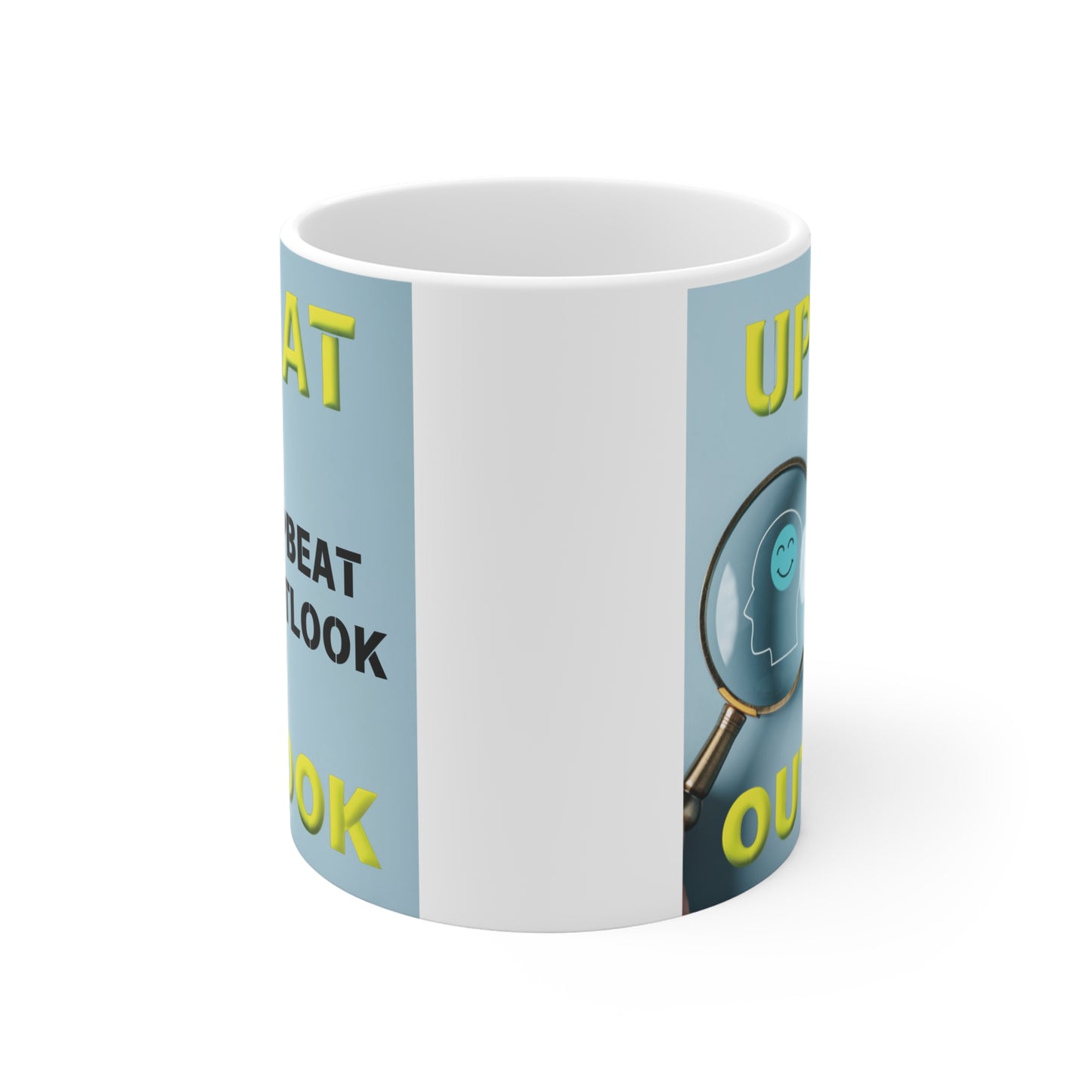 Inspirational ‘Upbeat Outlook’ mug design with cheerful icon and modern typography on blue background
