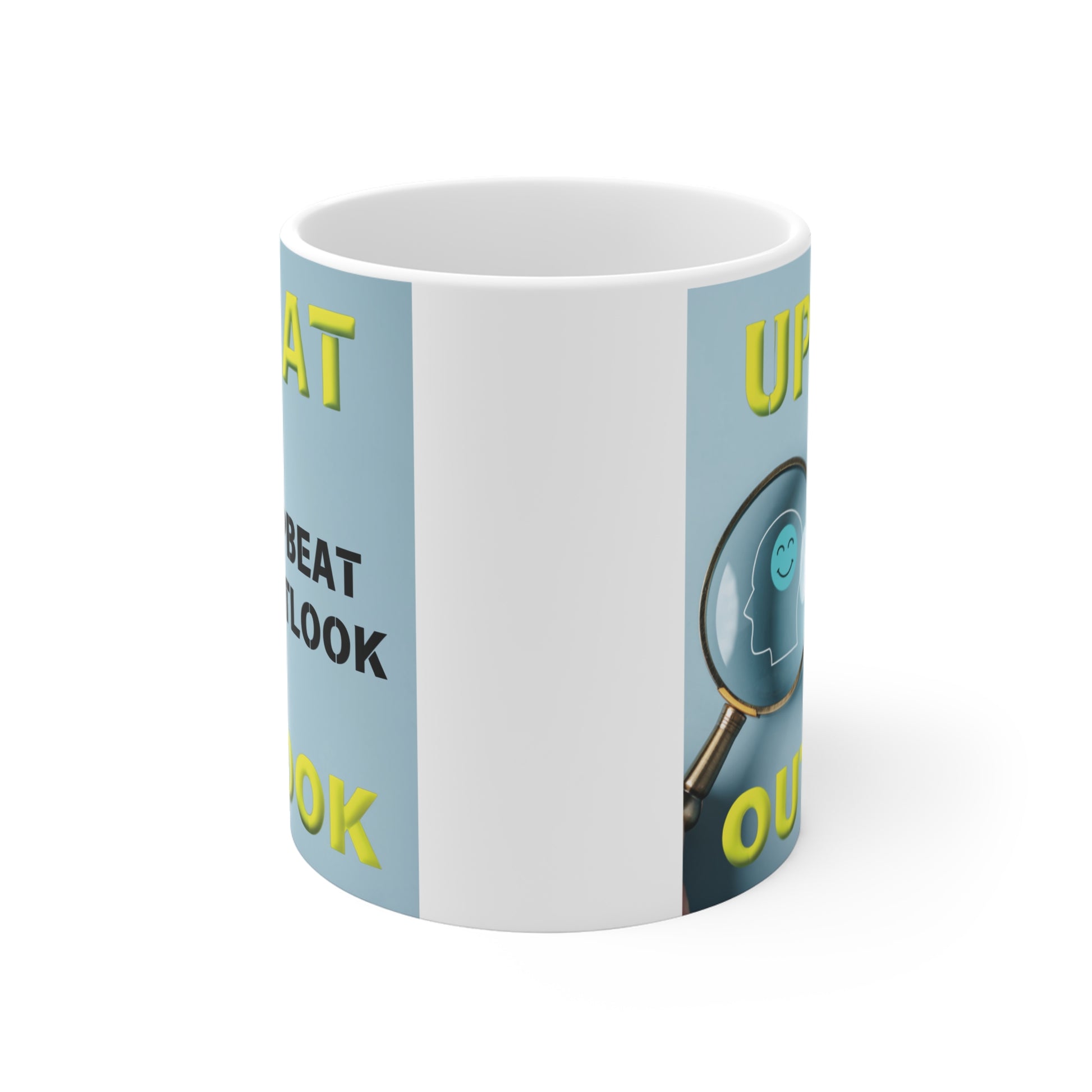 Inspirational ‘Upbeat Outlook’ mug design with cheerful icon and modern typography on blue background