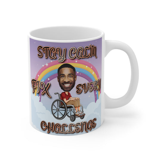 Stay calm fix every challenge mug with cartoon man in wheelchair under rainbow, motivational disability empowerment design