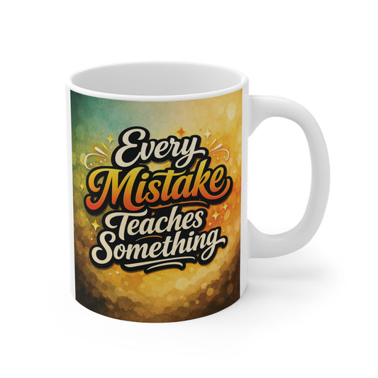Inspirational 11oz coffee mug with the quote “Every Mistake Teaches Something” in colorful retro typography design