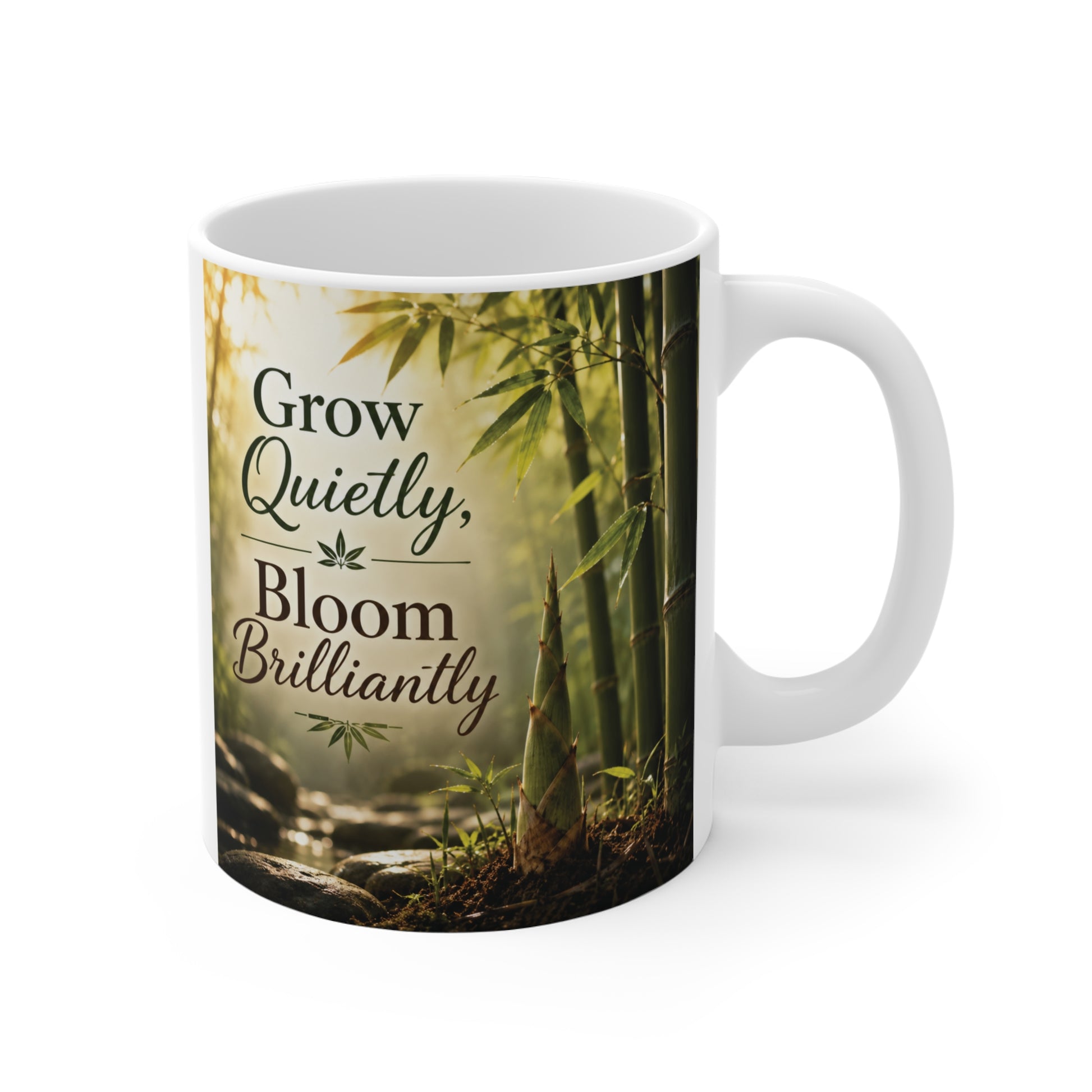 11oz ceramic coffee mug featuring a bamboo forest design and the inspirational quote Grow Quietly, Bloom Brilliantly for motivation and personal growth.