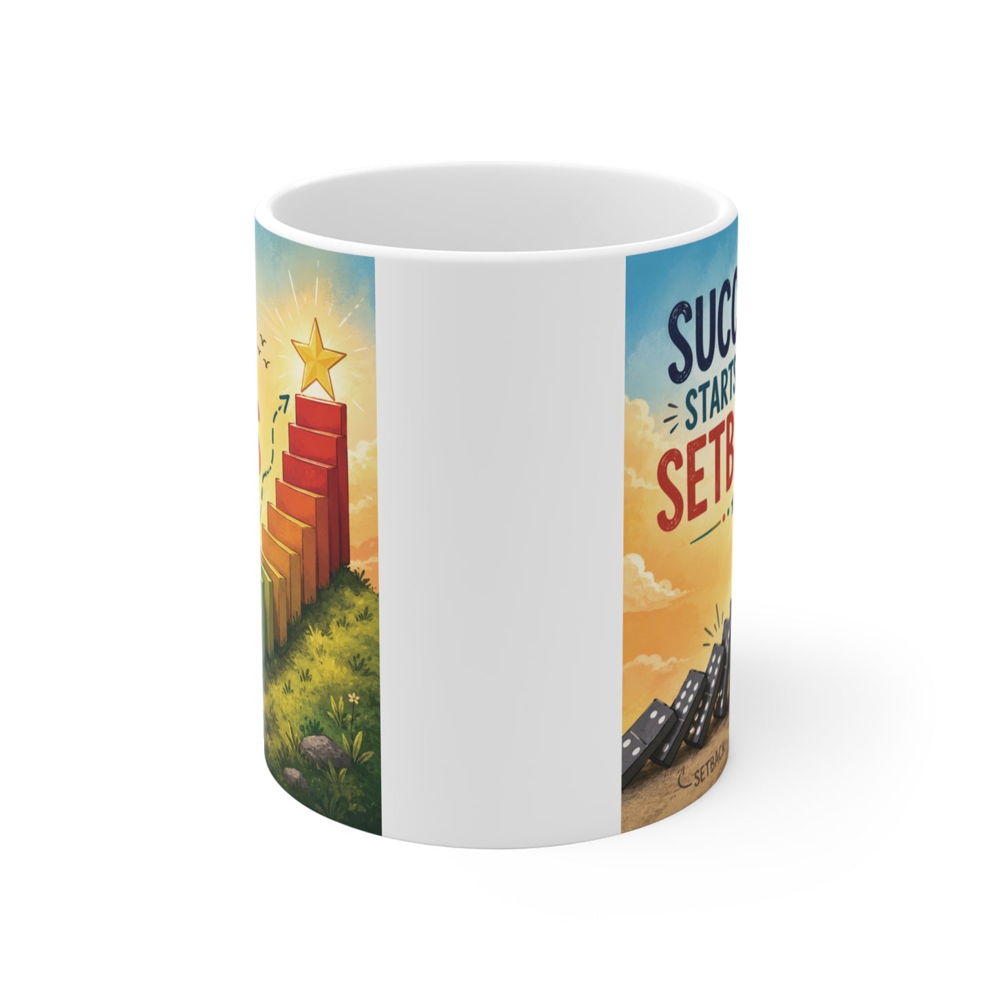 Motivational coffee mug with vibrant artwork symbolizing resilience and success, featuring the saying "Success Starts With Setbacks."