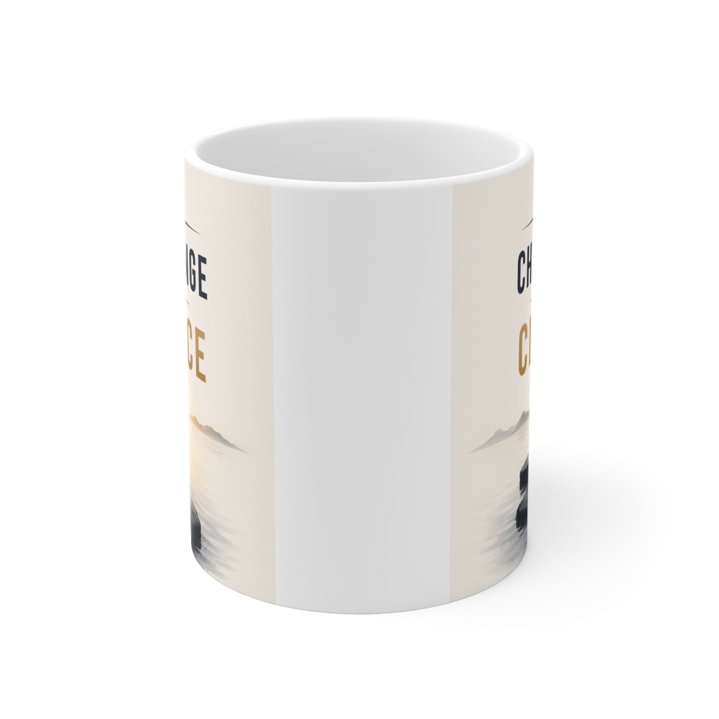 Motivational coffee mug displaying "From Challenge to Chance" above a stepping stone pathway, ideal for office desks, entrepreneurs, and professionals.