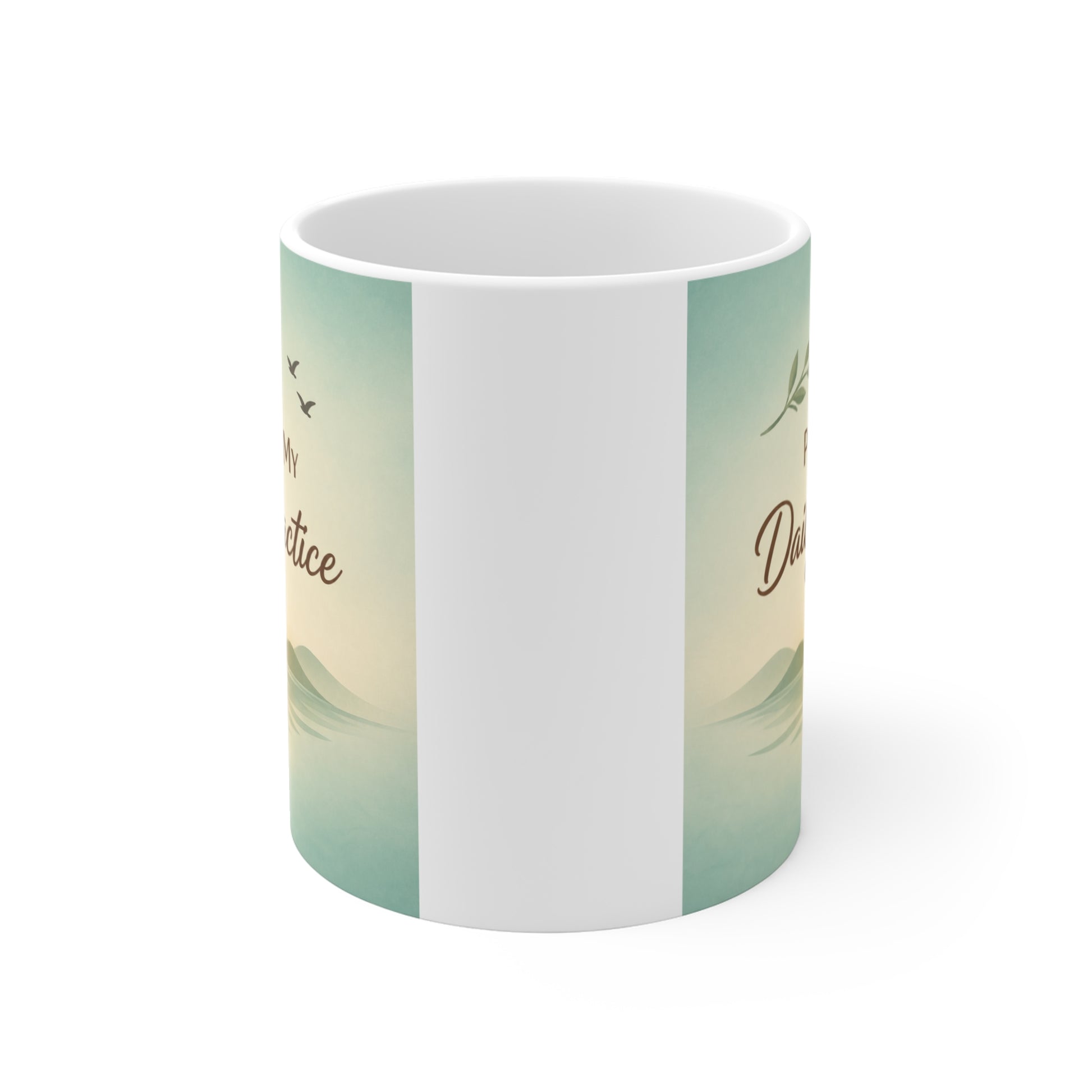 Inspirational mindfulness mug with sunrise ocean scene and peace quote, perfect zen aesthetic coffee cup